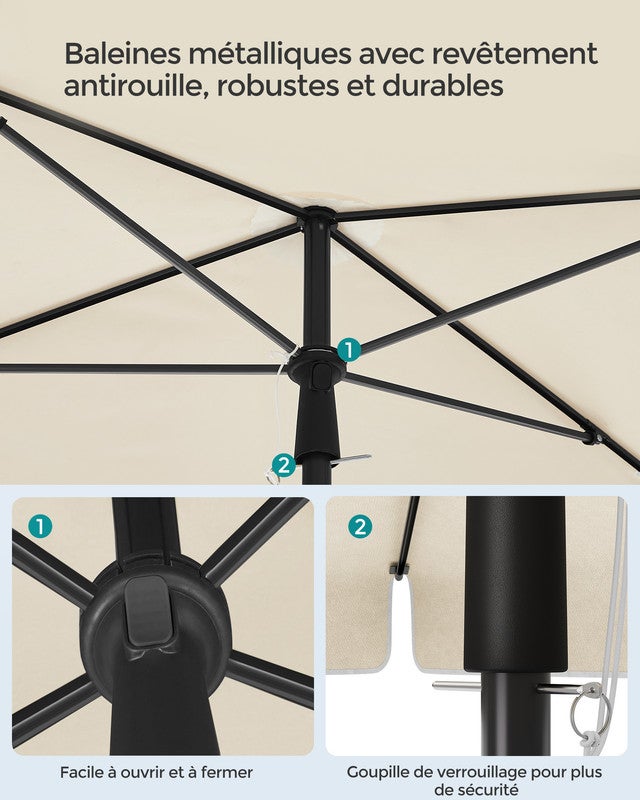 Parasol 230 x 150 cm, Protection Solaire UPF 50+, Inclinable sur 30° dans les 2 sens, Hauteur Réglable, avec Sac de Transport, sans Base, Beige - 7