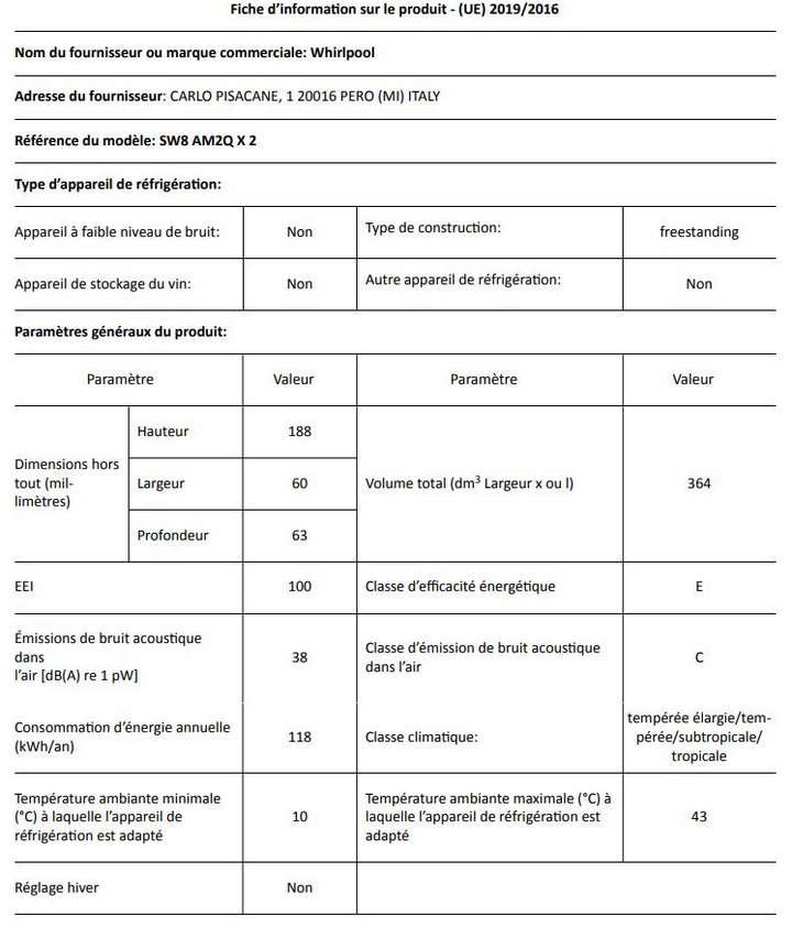 Réfrigérateurs 1 porte 364L Froid Brassé WHIRLPOOL 59.5cm E, SW8AM2QX2 - 4