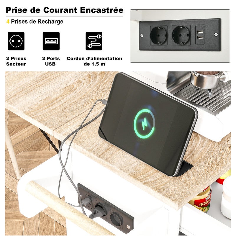 Îlot de Cuisine Mobile avec Rallonge Extensible 135 x 40-70 x 90 cm, meuble rangement mobile avec Plan de Travail, Poubelle Intégrée et Prises, Blanc - 3