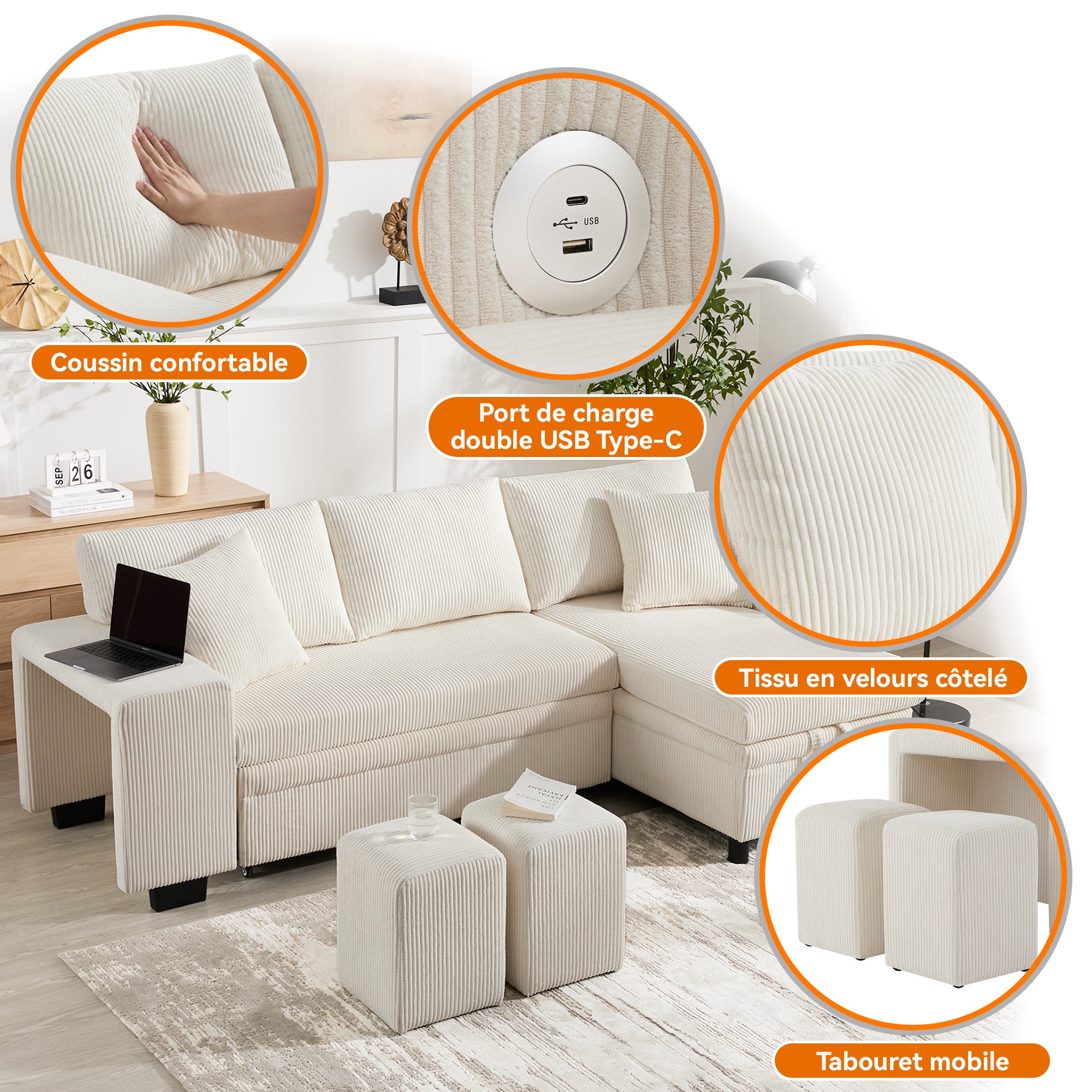 Canapé d'angle 3-4 places convertible en lit avec prise de USB et tablette latérale - 209 x 130 x 84 cm - Tissu Velours - 2 tabourets - beige - 6