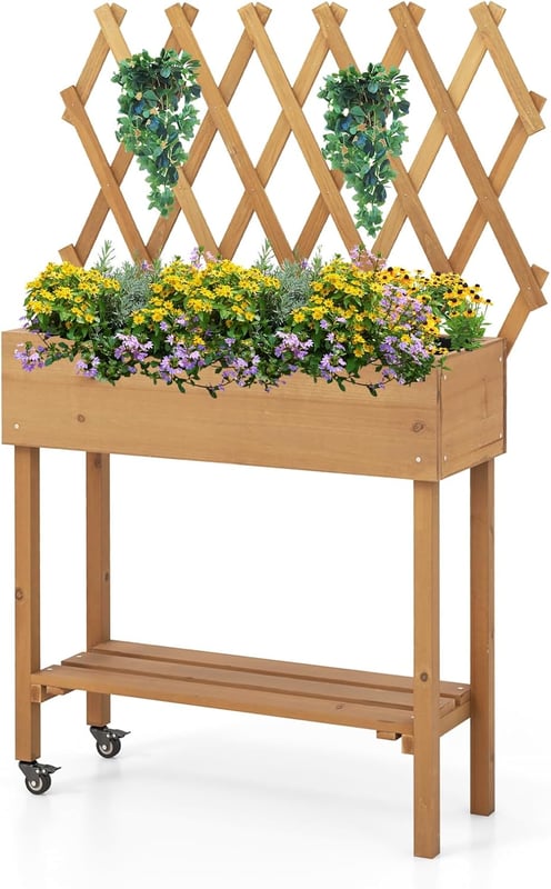 Podwyższona Skrzynka Ogrodowa z Drewnianą Kratką na Kółkach, Dolną Półką na Kwiaty, Warzywa, Zioła, 90 x 29 x 129 cm