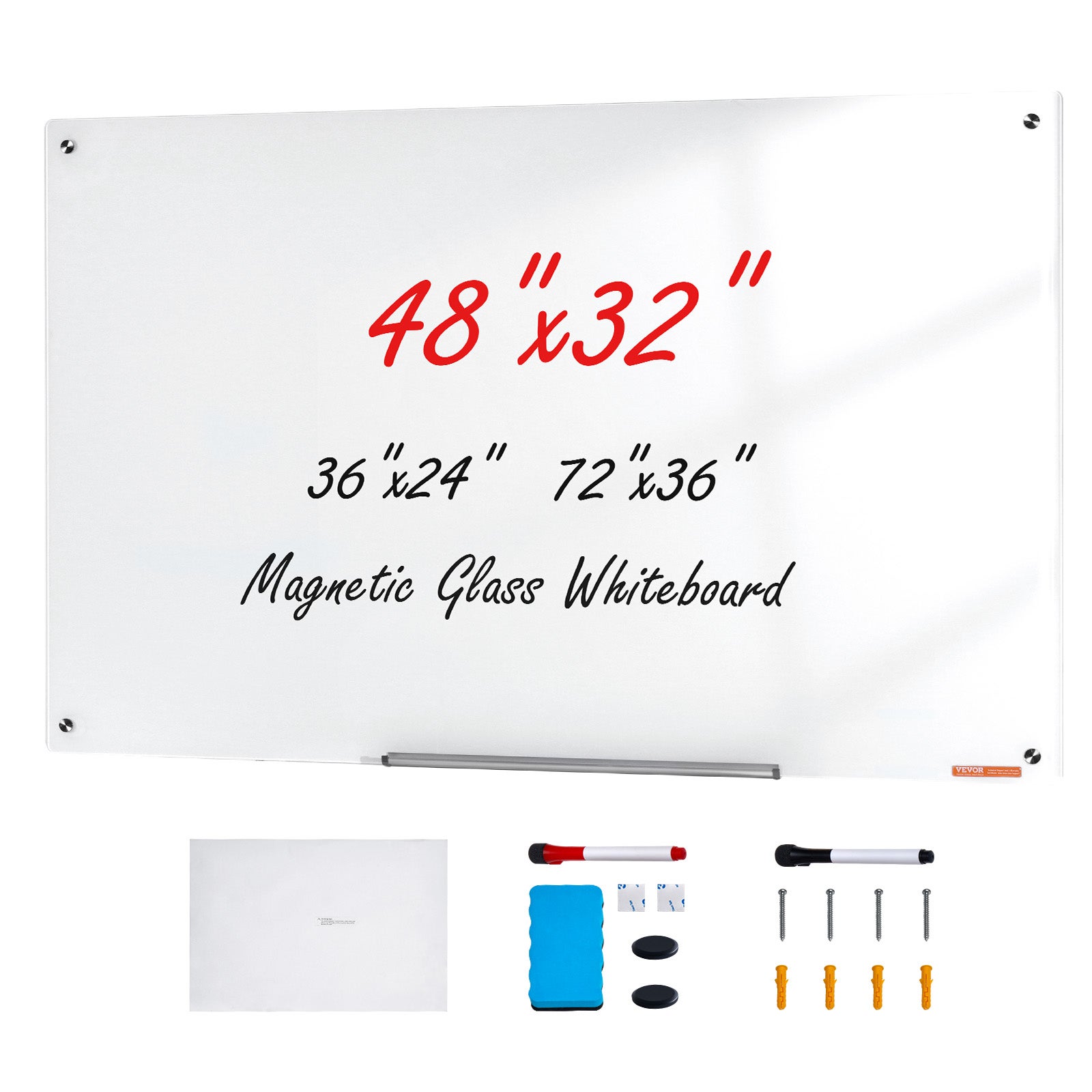 Tablica magnetyczna ze szkła, tablica ścienna suchościeralna 120 x 80 cm, biała tablica szklana do montażu na ścianie bez ramki, z półką na pisa VEVOR