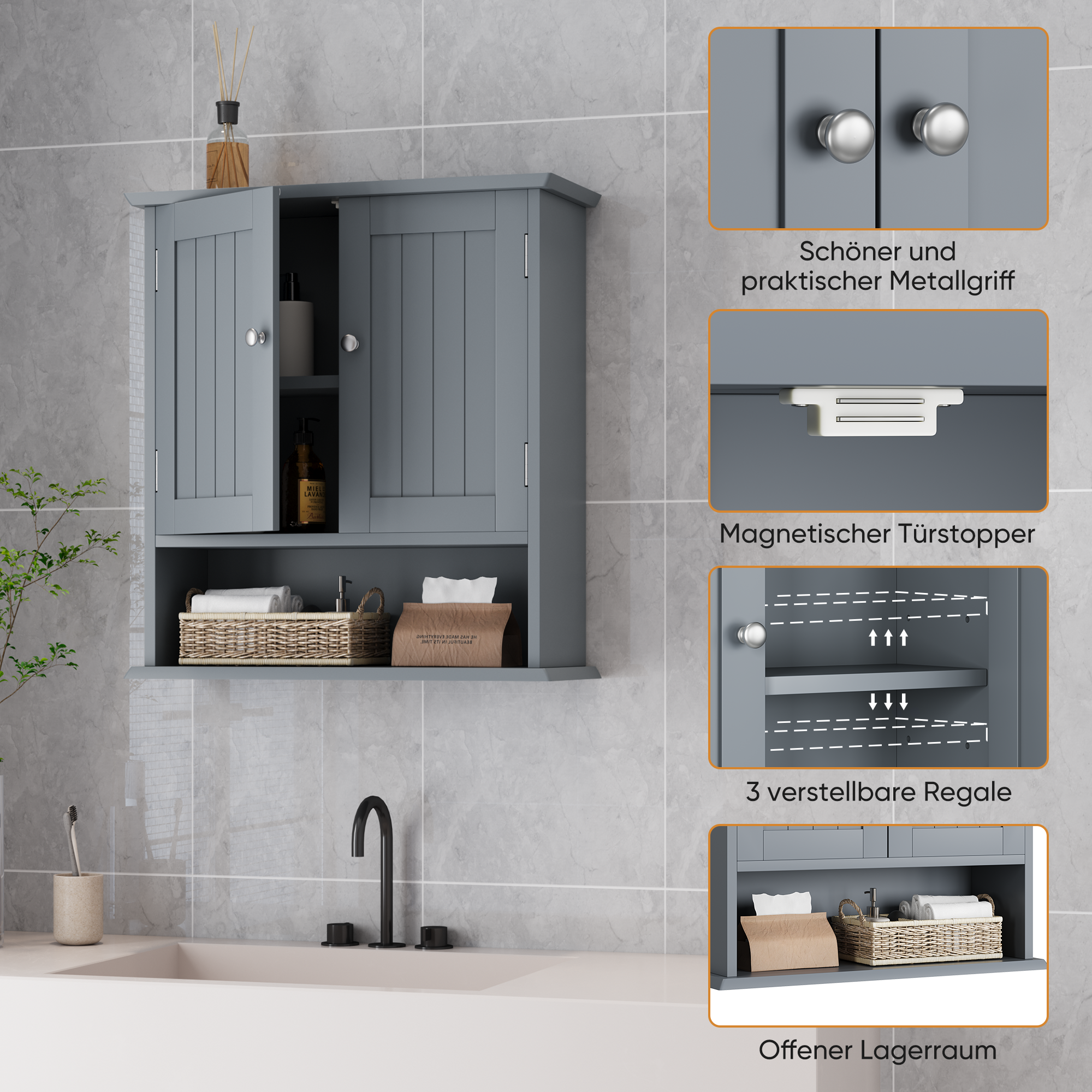 Mueble de baño, mueble de baño con estante de pared con 2 puertas y estantes abiertos, estante de pared para inodoro, botiquín de baño - 6