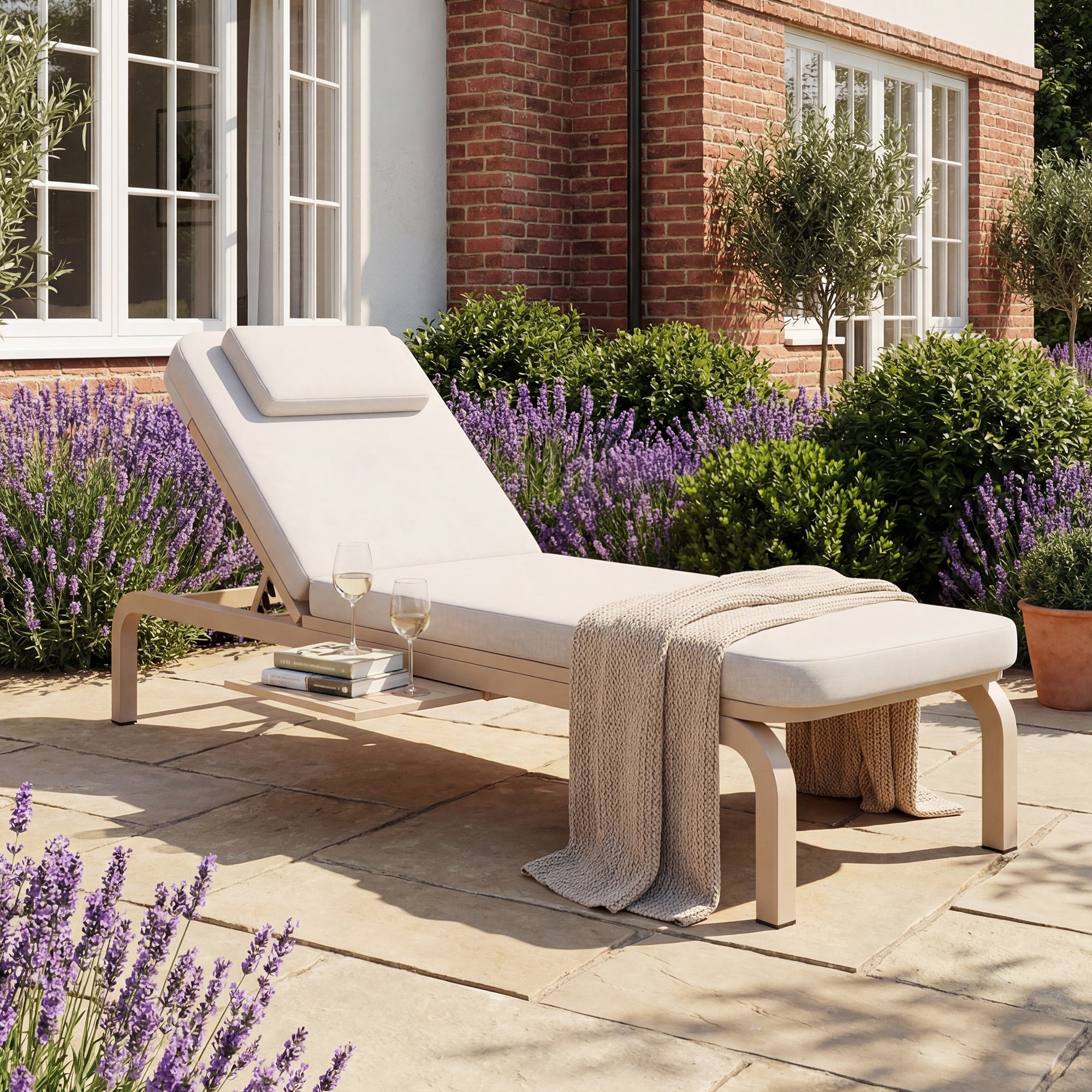 Leżaki ze stolikiem i regulowanym oparciem - 194 x 127 x 93 cm - Stal ocynkowana i poliester - Beżowy