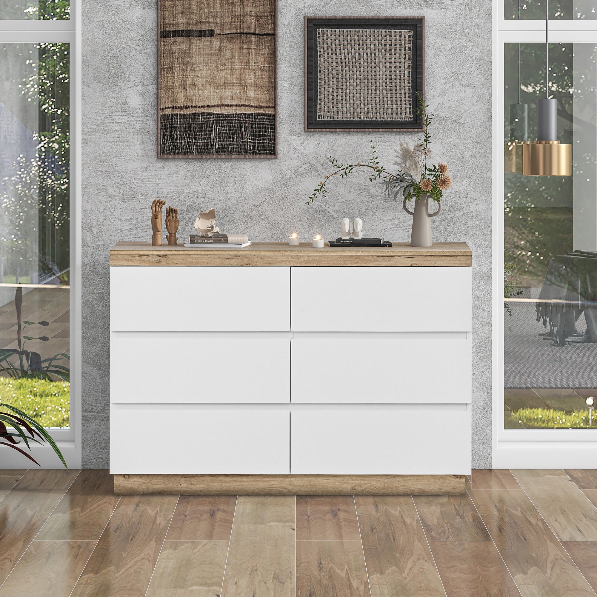 Commode à 6 tiroirs, pour chambre et salon, blanc et chêne - 7