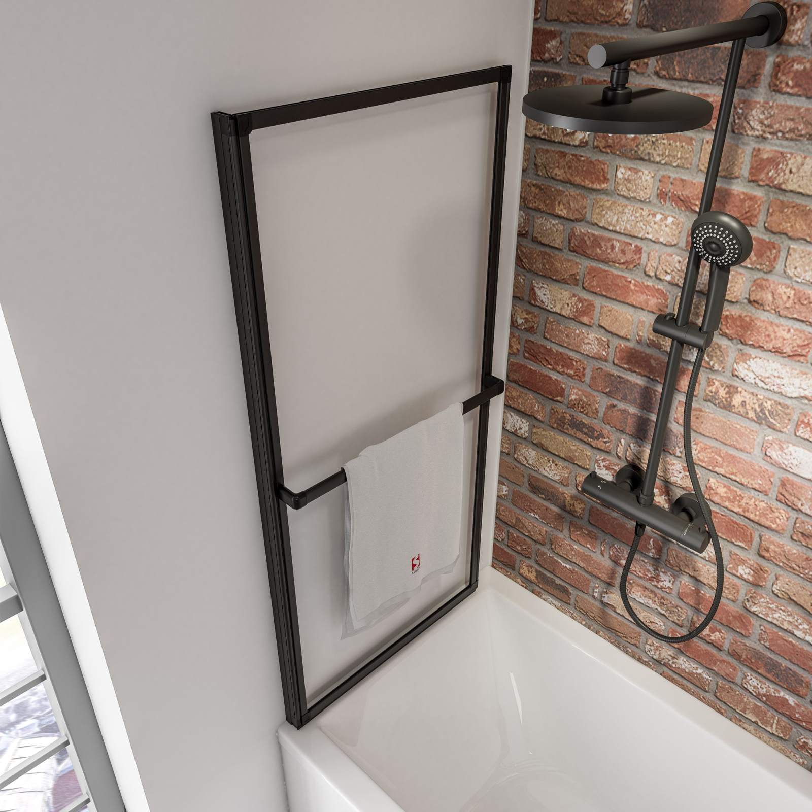 Pare-baignoire pivotant transparent noir, H.140xl.70cm SCHULTE, paroi de baignoire réversible à coller, écran 3mm pliant, rabattable, porte-serviettes - 2