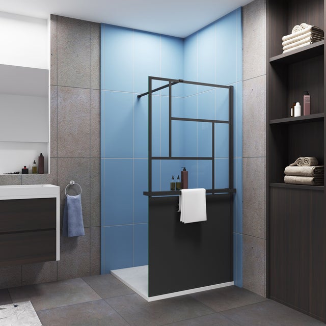 Paroi de douche noire italienne 100x200cm avec une étagère 100cm + une barre fixée 140cm, verre 8mm trempé style verrière et industriel