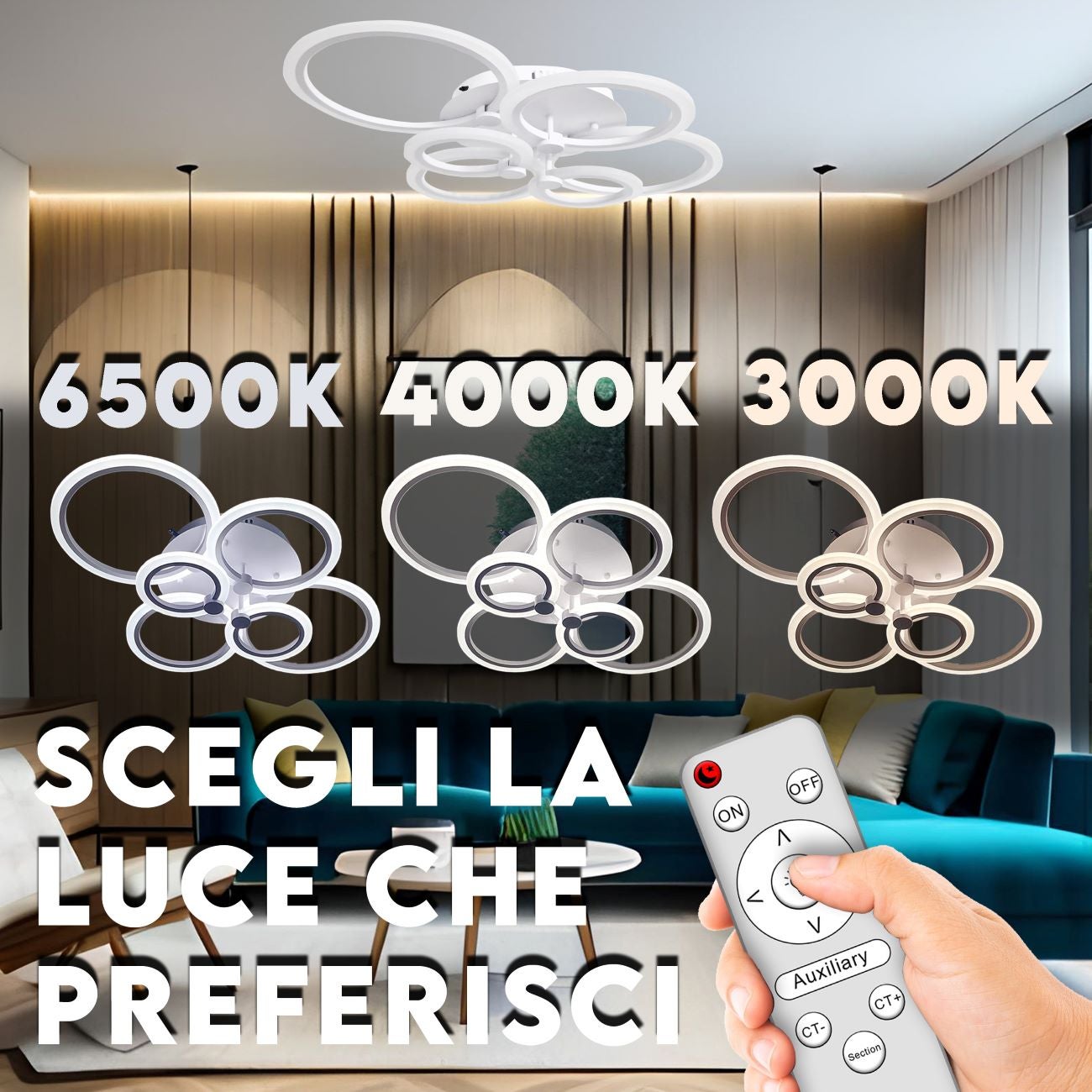 Lampadario Plafoniera LED dimmerabile cambio colore Maka 3000K 4000K 6500K 8640 LM 48Wx2 luminoso regolabile telecomando cucina soggiorno 6 Cerchi - 6