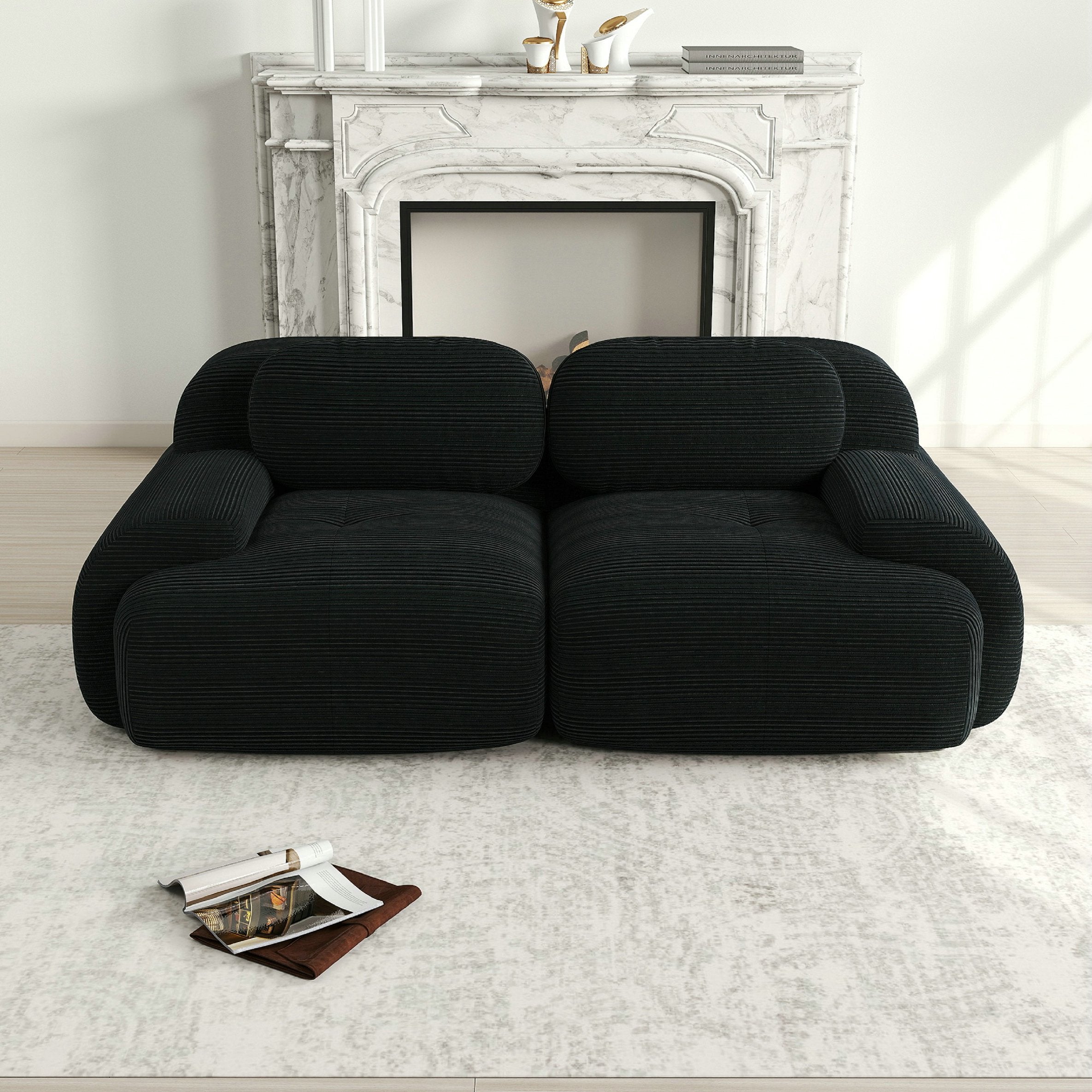 Canapé d\'angle 2 places 208 cm, modulable avec accoudoirs incurvés, antidérapant - pieds élargis – tissu velours côtelé – noir - 2