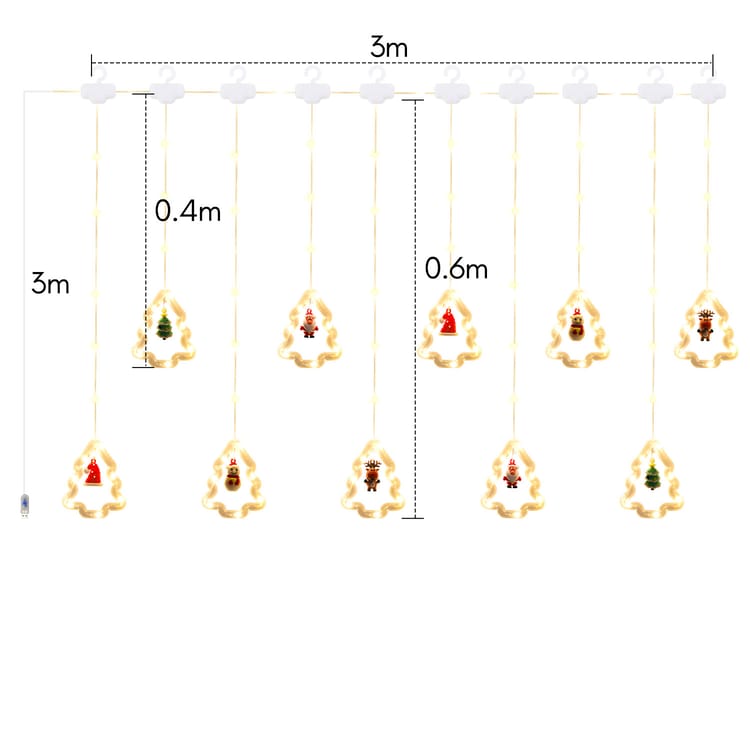 Kurtyny świetlne LED – z dekoracjami świątecznymi – kurtyna świetlna LED – 8 trybów oświetlenia – zasilanie USB – na imprezę i do ogrodu – 3 m – ciepł - 2