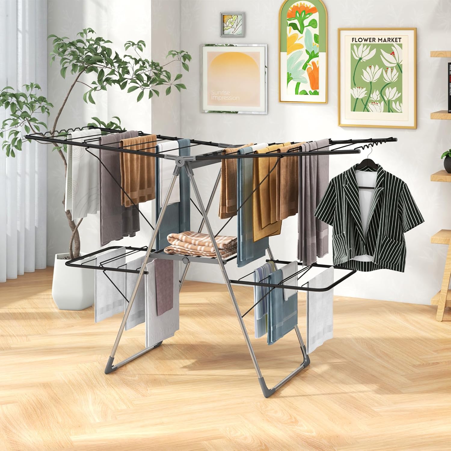 Suszarka do Ubrań 2 w 1, 2 Ramiona o Regulowanej Wysokości 70–130 cm, 2 Dolne Ramiona i 1 Uchwyt na Buty, Składana Suszarka z Antypoślizgowymi Nóżkami - 9