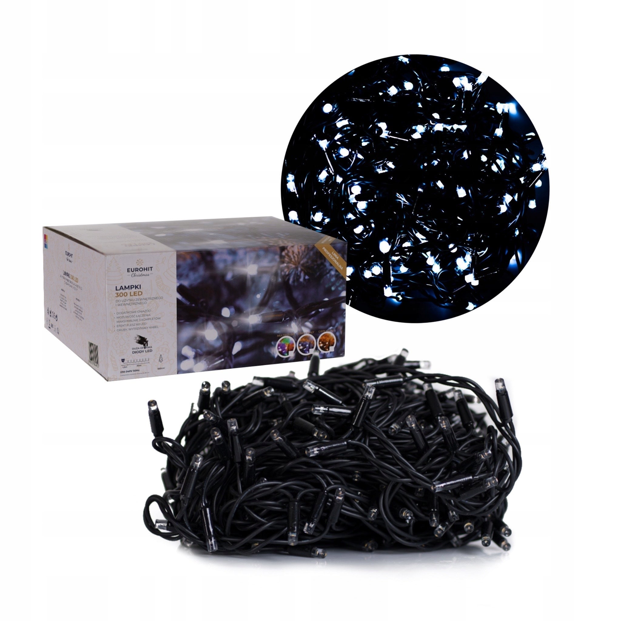 Lampki Choinkowe 300 LED Premium Białe Zimne z dodatkowym gniazdem Corciano