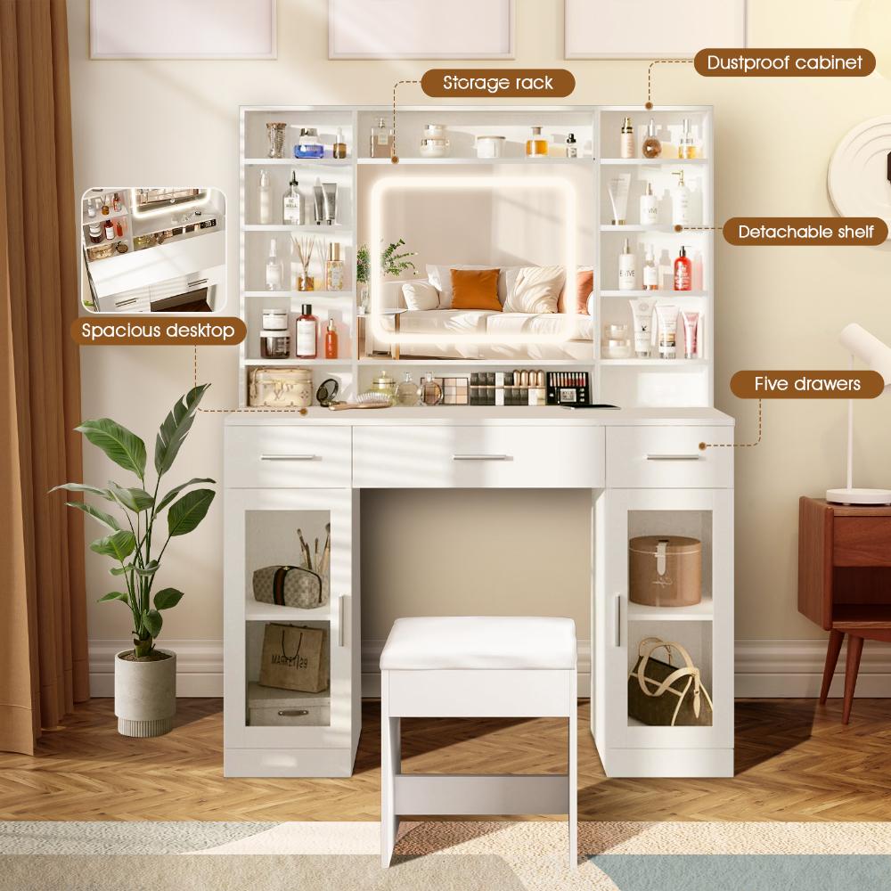 Meuble de toilette avec miroir - Tiroirs, étagères, surface spacieuse, toit anti-poussière - 3 modes de couleur, blanc - Idéal pour chambre - 6
