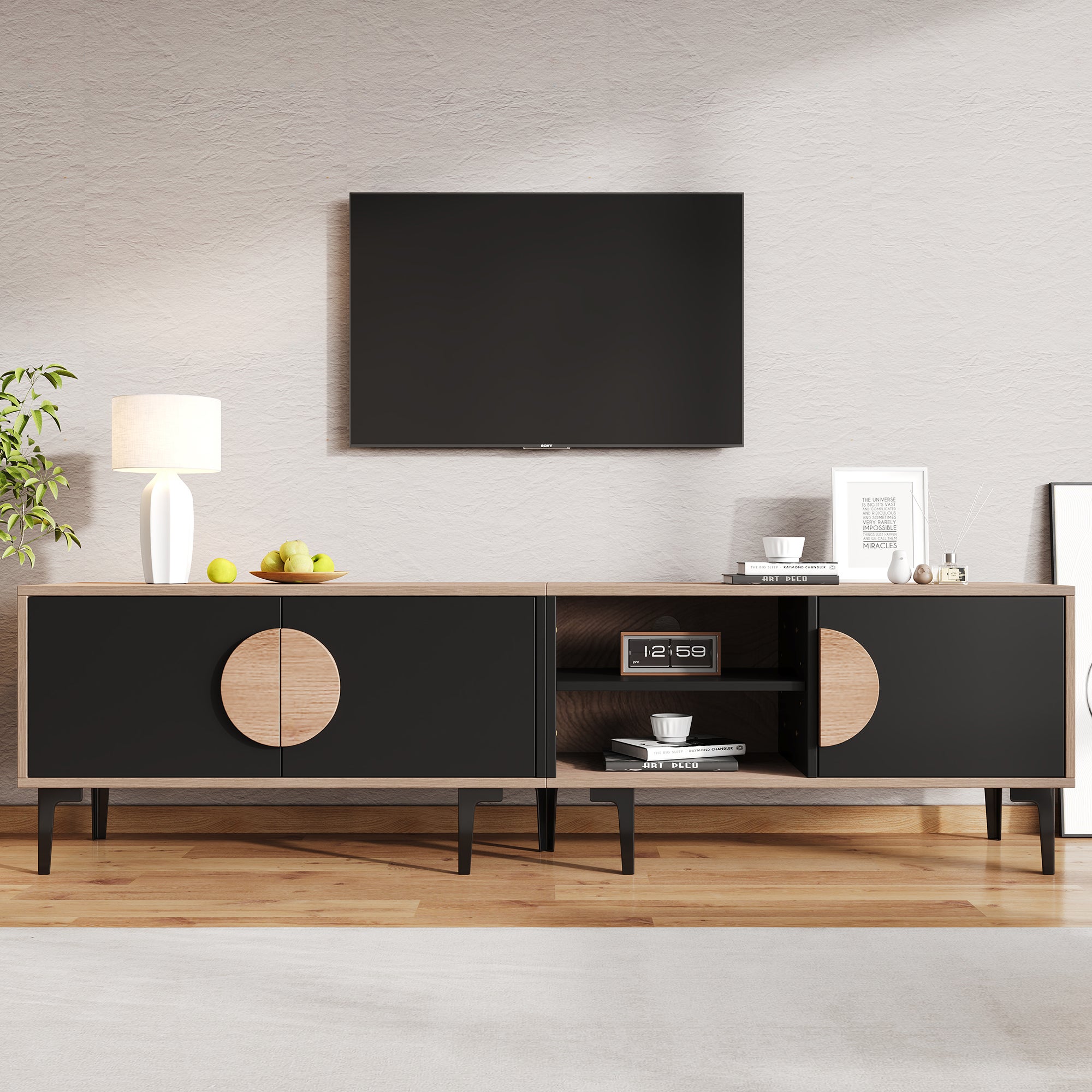 Stojak pod TV z 3 drzwiami i 1 otwartą przegrodą na telewizor 80 cali - 180 x 35 x 49 cm - Płyta wiórowa - Dąb + czarny