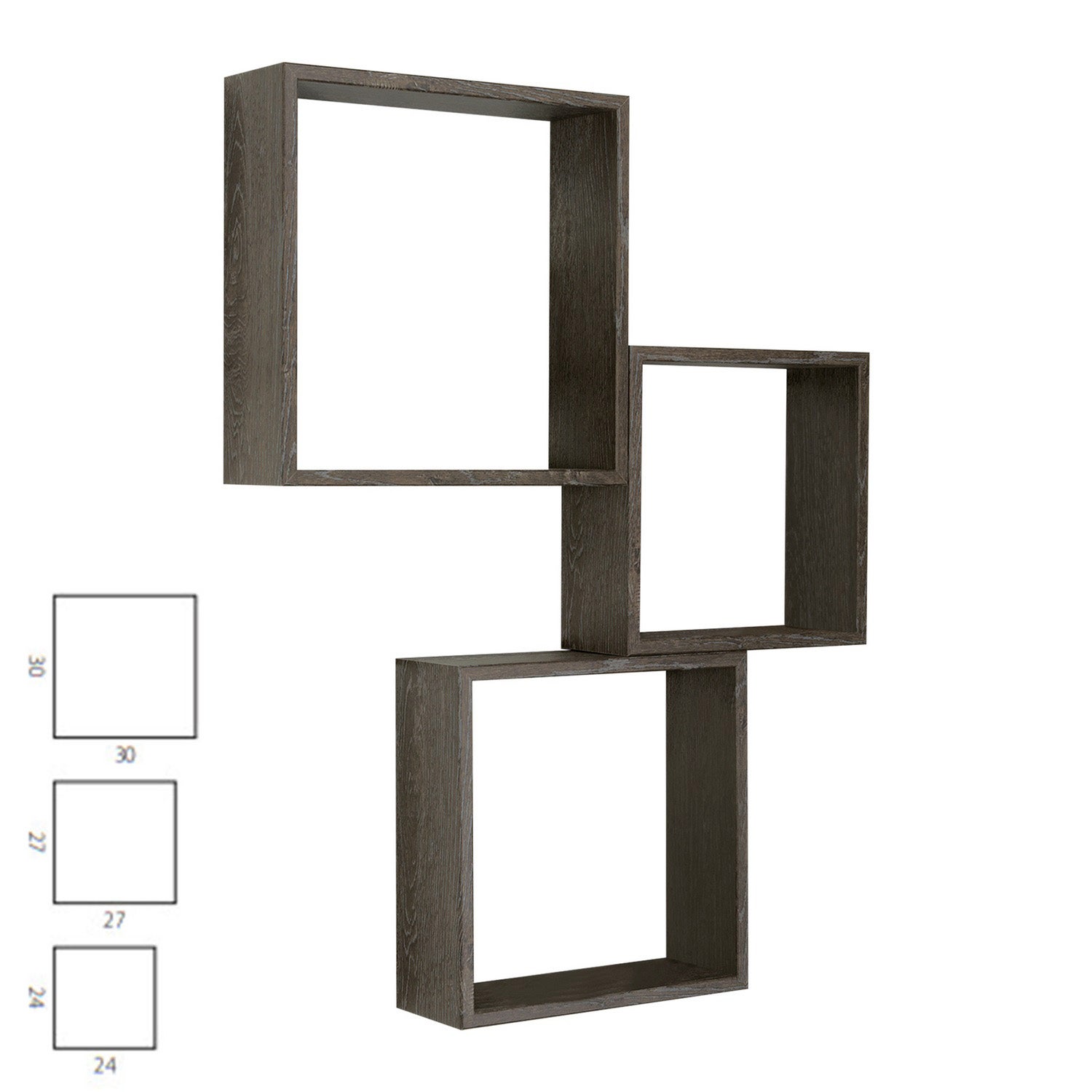 Ensemble de 3 étagères murales décoratives cubiques, chêne foncé, 30x30x10 cm, 27x27x10 cm et 24x24x10 cm - Incubo Slim - 8