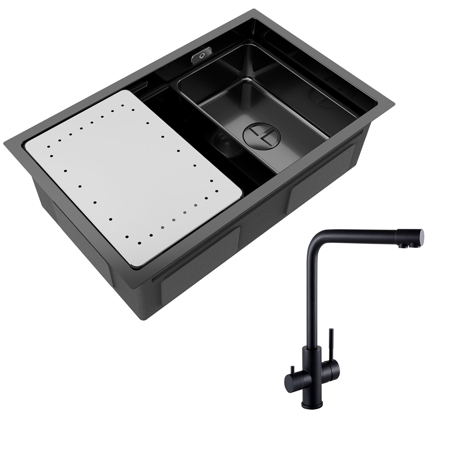 Fregadero de cocina 1 seno 70×44cm fregadero de acero inoxidable negro con escurridor y lavabo + mezclador de fregadero de 3 vías, 2 palancas, negro