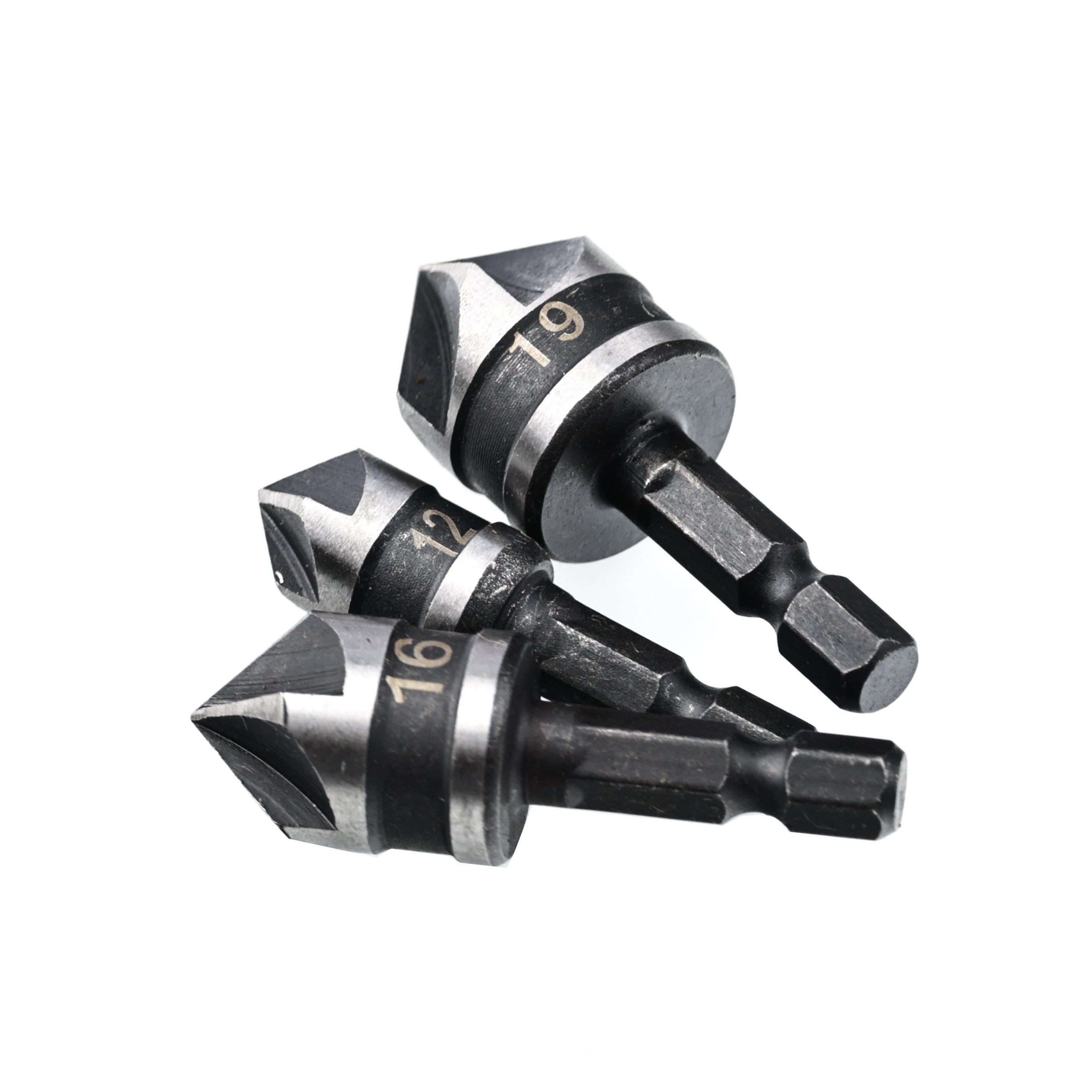 Fraise à Chanfreiner 12/16/19 mm – Set 3 Pièces | Acier Inox | Queue 1/4