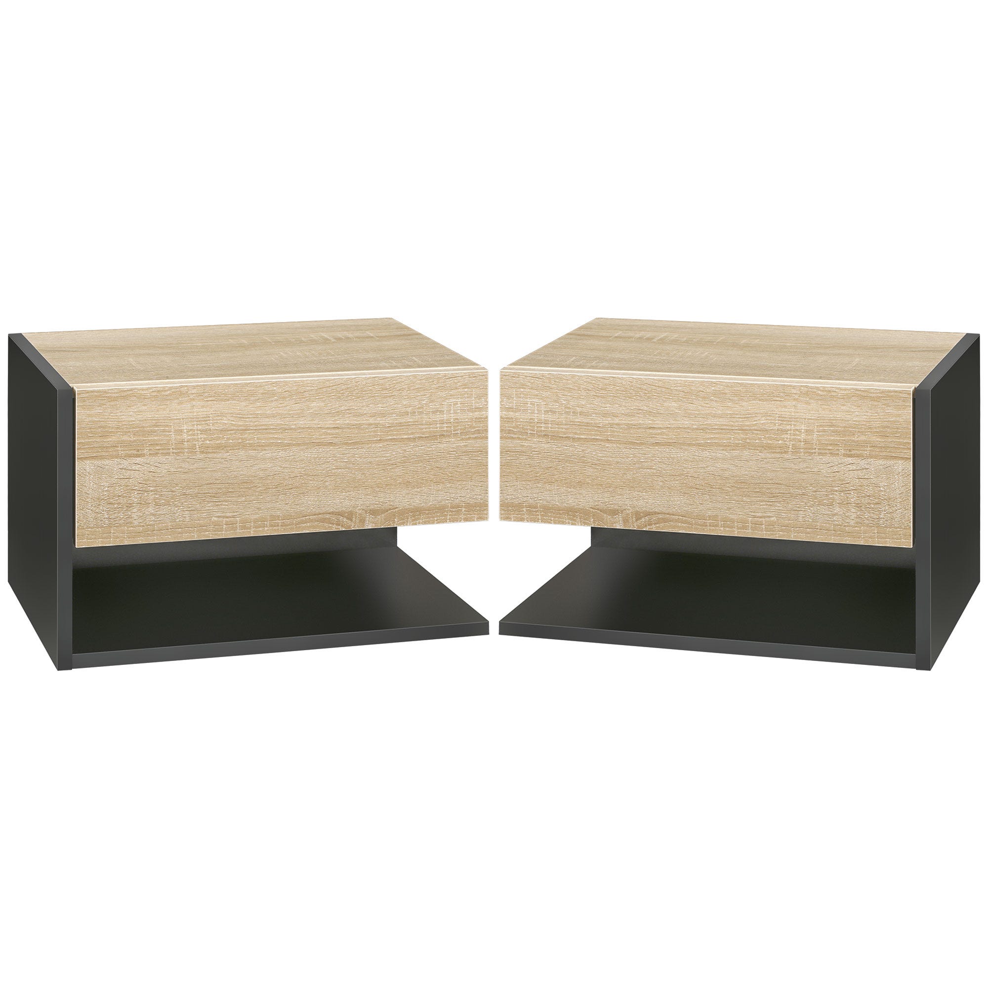 Lot De 2 Tables De Chevet Murales HOMCOM - Chêne Clair Et Noir - Tiroir + Niche - Design Flottant