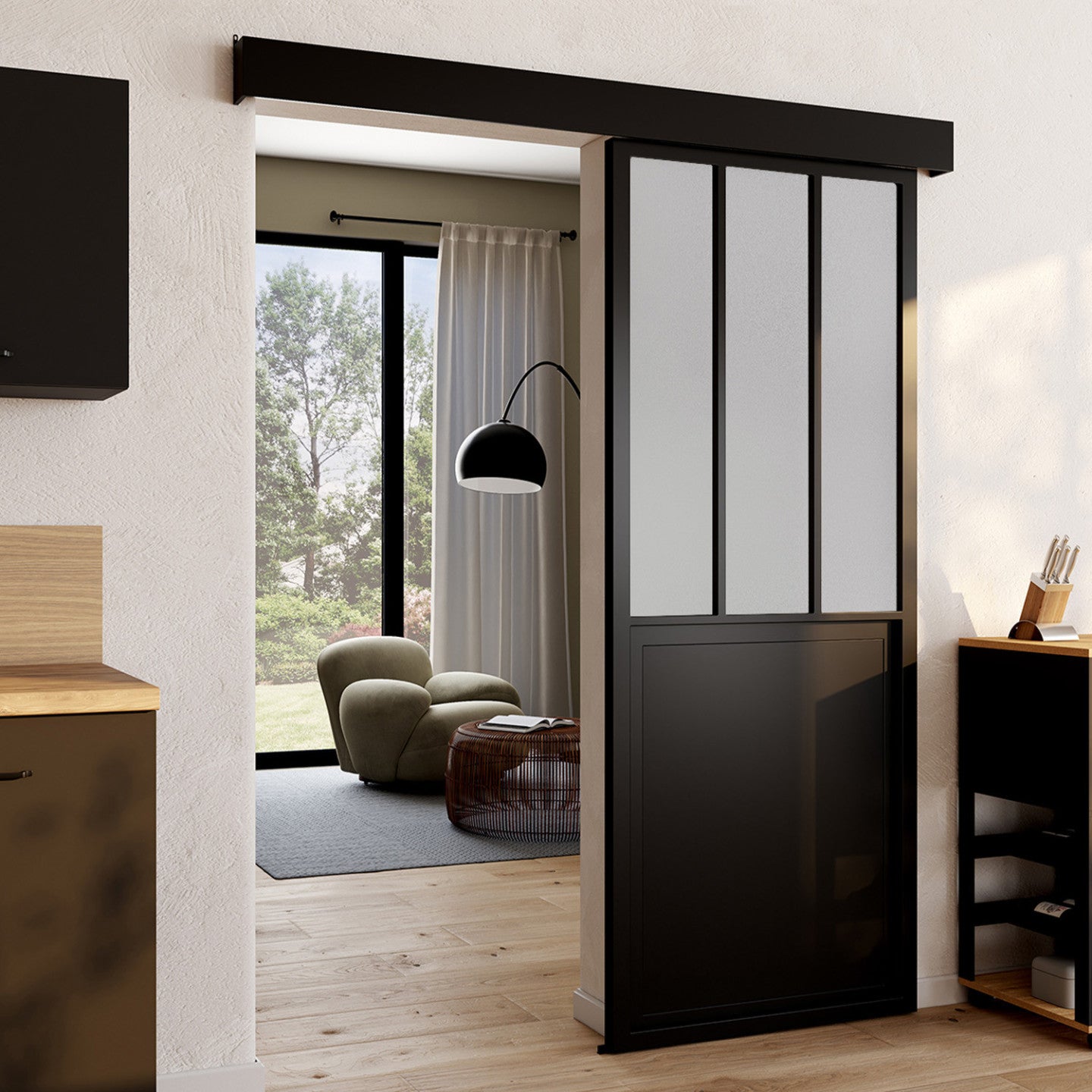 Kit porte coulissante verrière verre trempé givré 83 cm en métal + MDF avec rail et fixations - 3