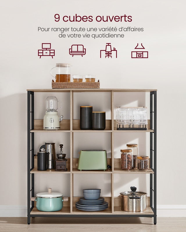 Meuble de Rangement 3 Niveaux, Étagère Rangement, Bibliothèque Style Industriel, 9 Cubes, 30 x 100 x 103,1 cm, Marron Camel et Noir d'Encre - 3