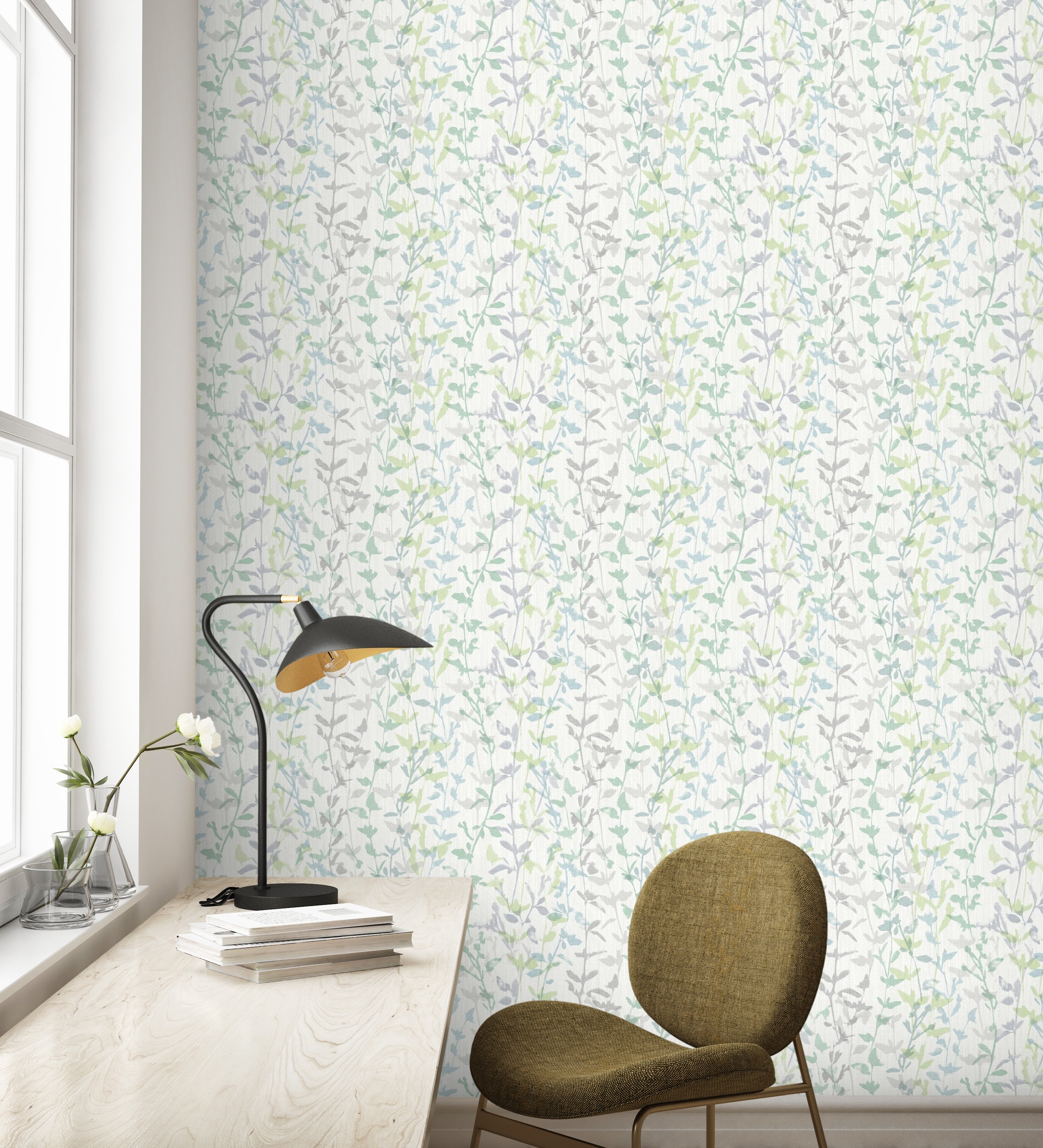 Papel pintado vinílico ecológico de ramas y hojas con textura - elva forest 680856 de gaulan - rollo de 10 m x 0,53 m