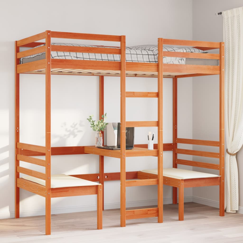 Lit mezzanine avec bureau et chaises, pin, brun ciré, pour la chambre, 80 × 200 cm - 3