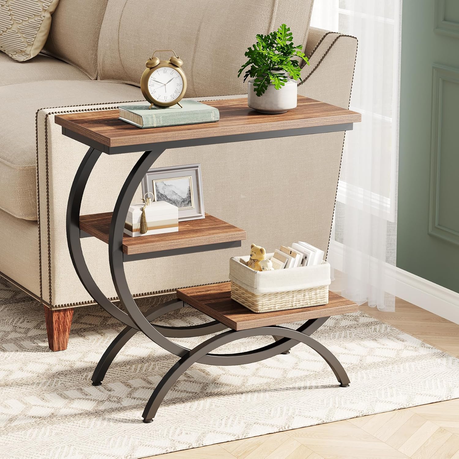 Tavolino Stretto 3 Ripiani Con Cesto In Tessuto - Larghezza 17,8 Cm - Gambe In Legno - Per Piccoli Spazi - 3