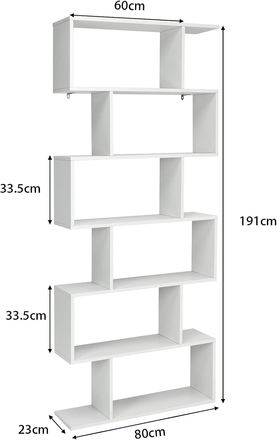 Biblioteka w kształcie litery „S” z 6 półkami, geometryczna półka o wysokości 191 cm, zestawy zabezpieczające przed przewróceniem, kolor biały - 2
