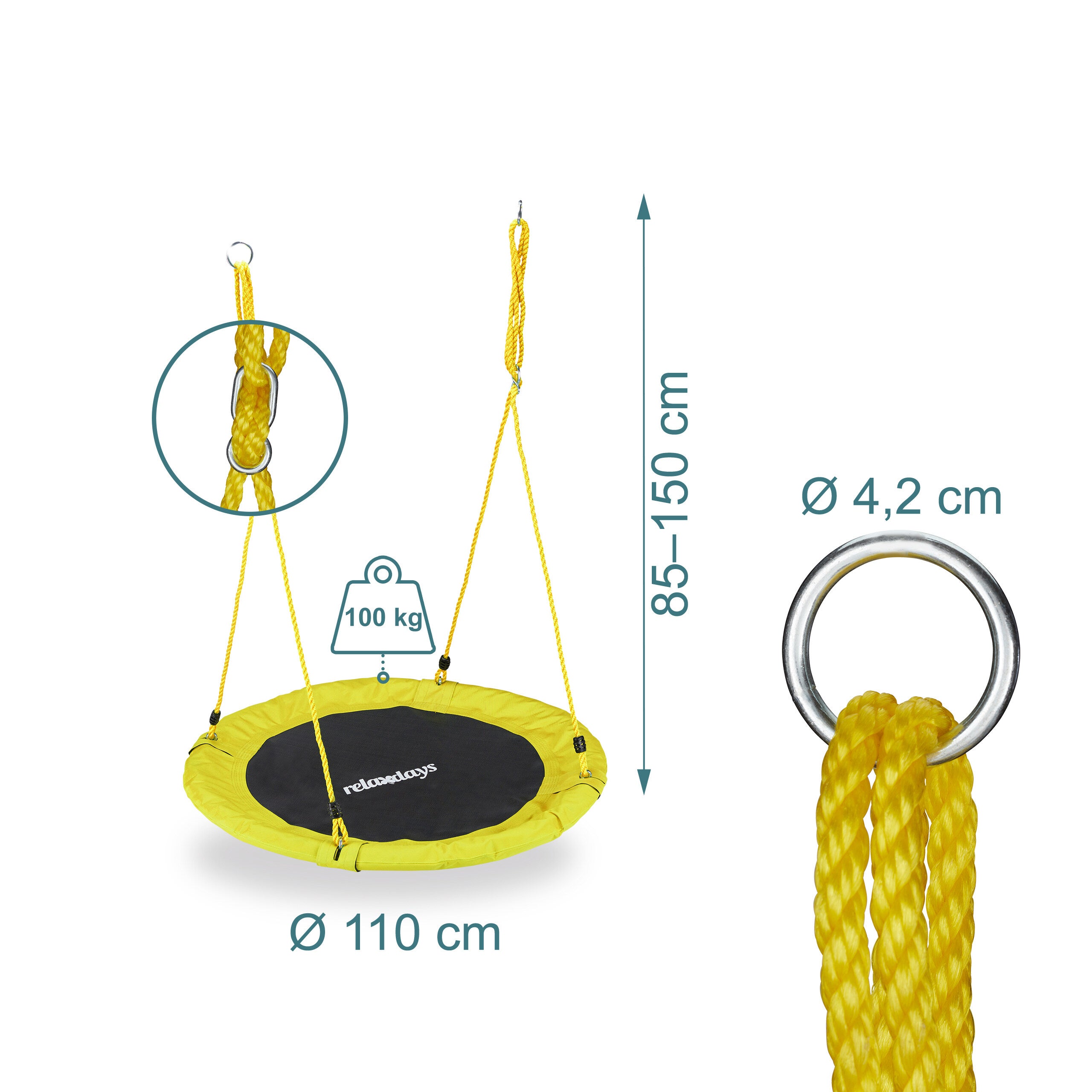 Balançoire nid d'oiseau rond 110 cm à suspendre enfant adulte jardin extérieur Ø 110 cm, 100 kg, jaune, Relaxdays - 4