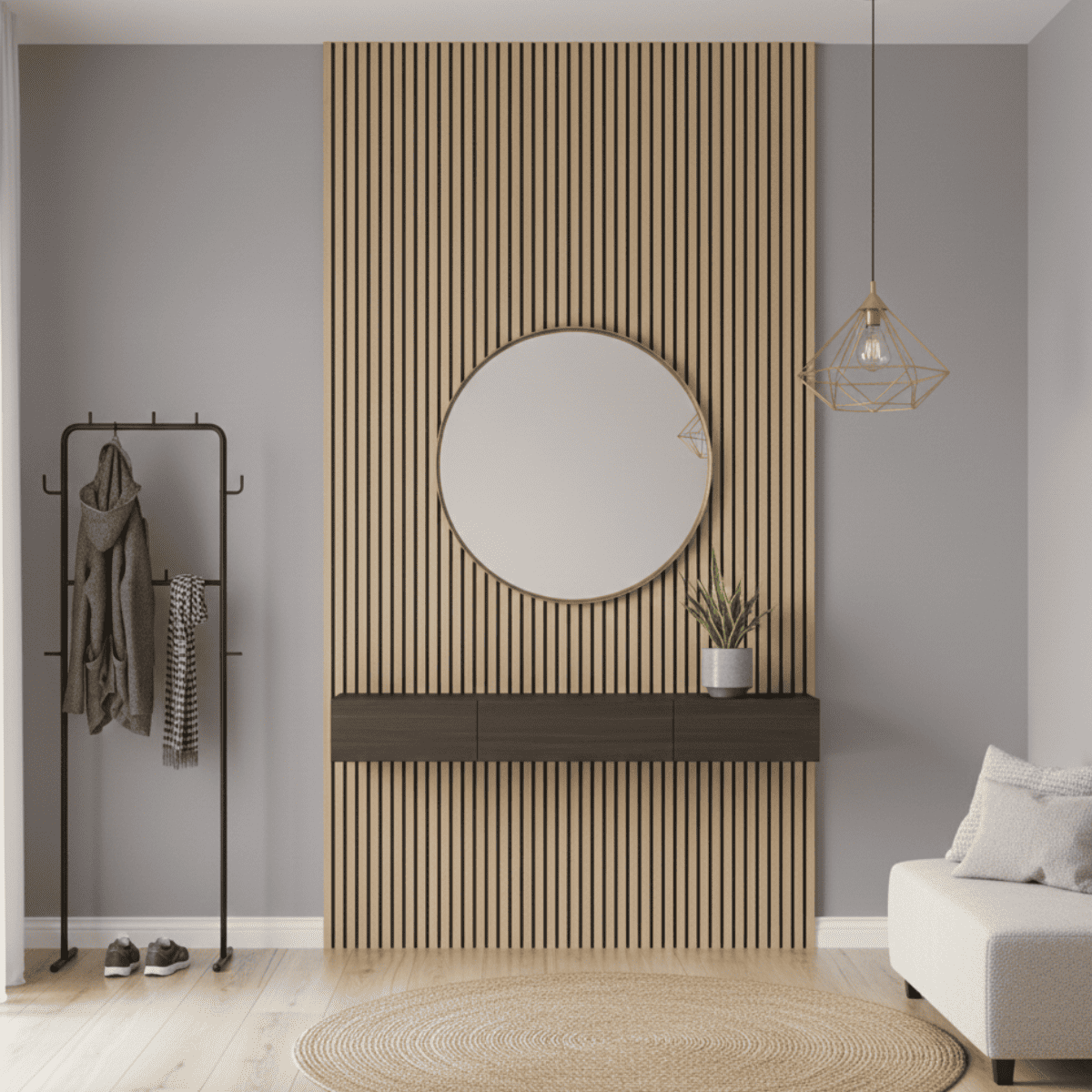 Panneau mural acoustique tasseaux MDF placage chêne véritable, L.267 cm x l.57,25 cm x Ep. 19 mm - 8