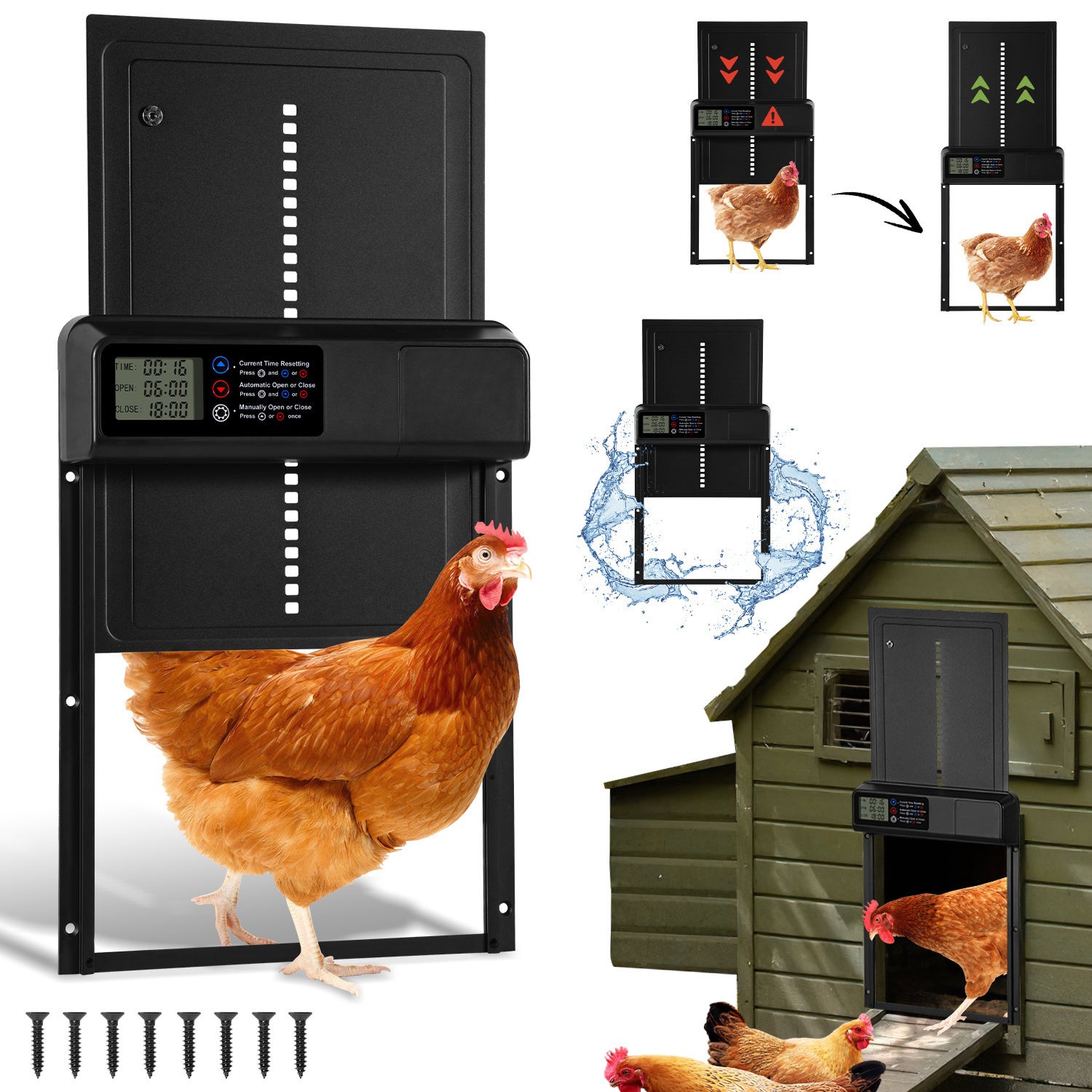 Porte Poulailler Automatique Grande Taille - Minuterie, Anti-Pincement Et Alimentée Batterie