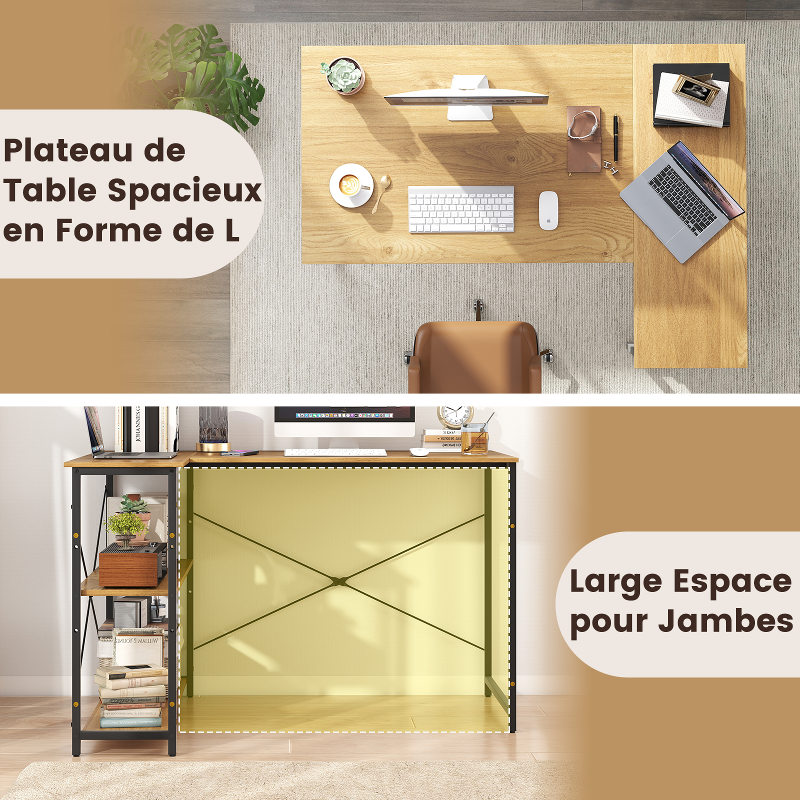 Bureau d'Ordinateur en Forme de L, Bureau d'angle Réversible avec Étagère Réglable, Table d'Étude Gain de Place, Naturel - 8