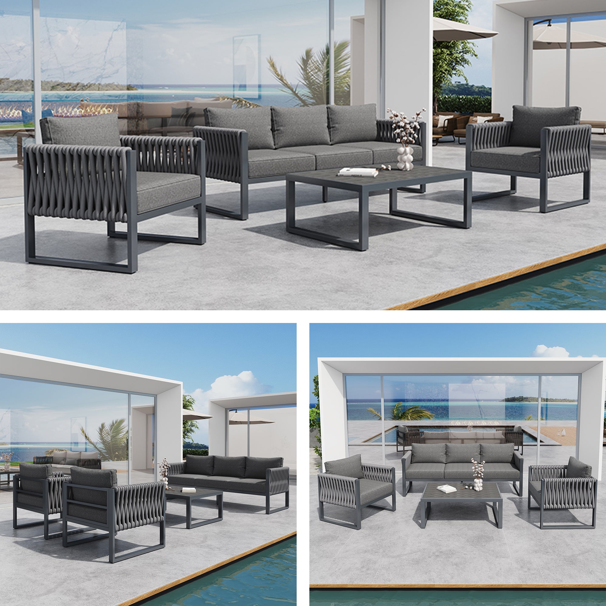Zestaw mebli ogrodowych metalowych modułowych 5-osobowych: 1 sofa trzyosobowa + 2 fotele + 1 stolik kawowy - Szary