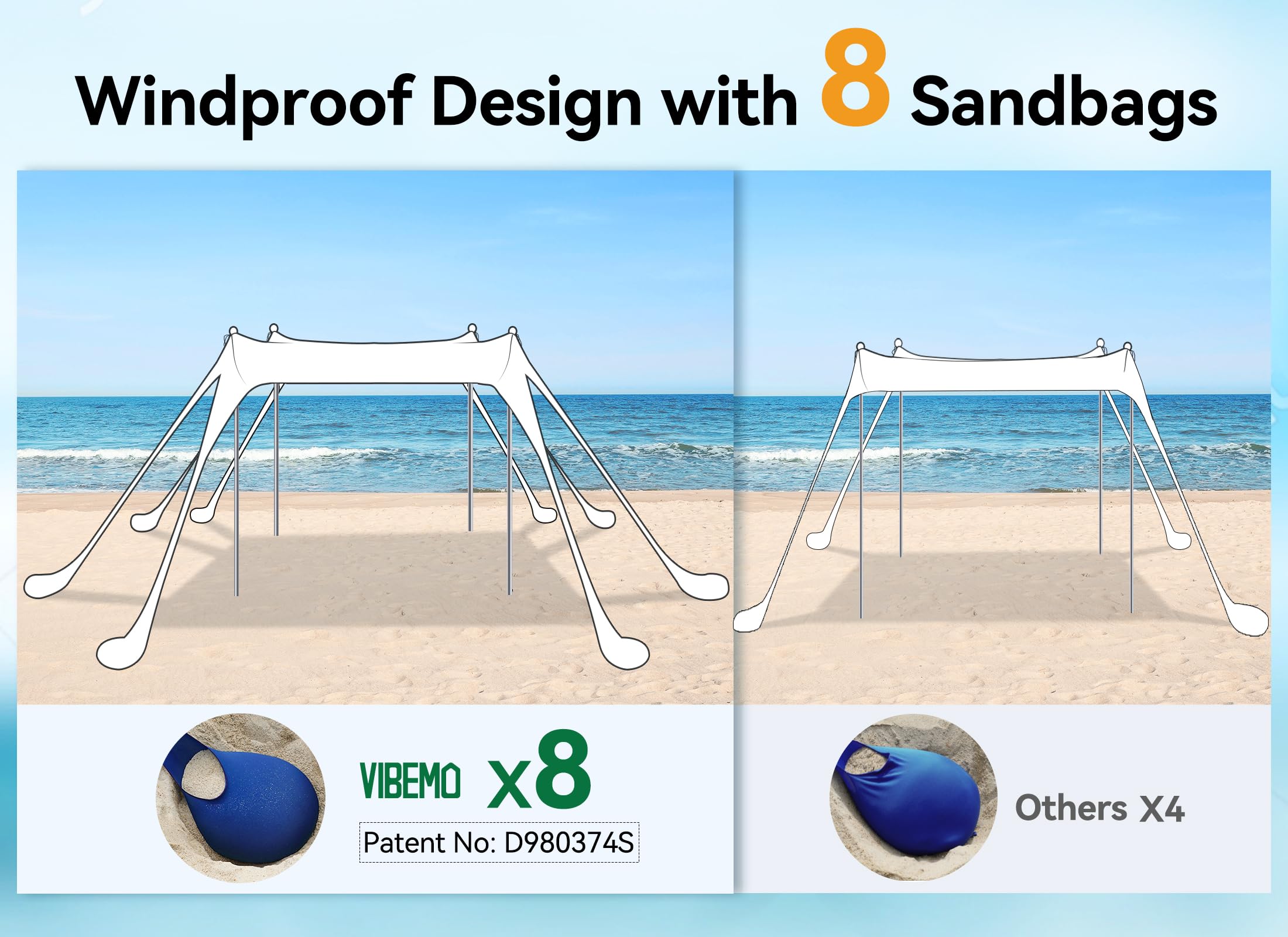 Tente de plage extérieure, pare-soleil de protection UPF50+ avec 8 sacs de sable, 10 x 10 pieds, pouvant accueillir jusqu'à 8 personnes, bleu marine - 5