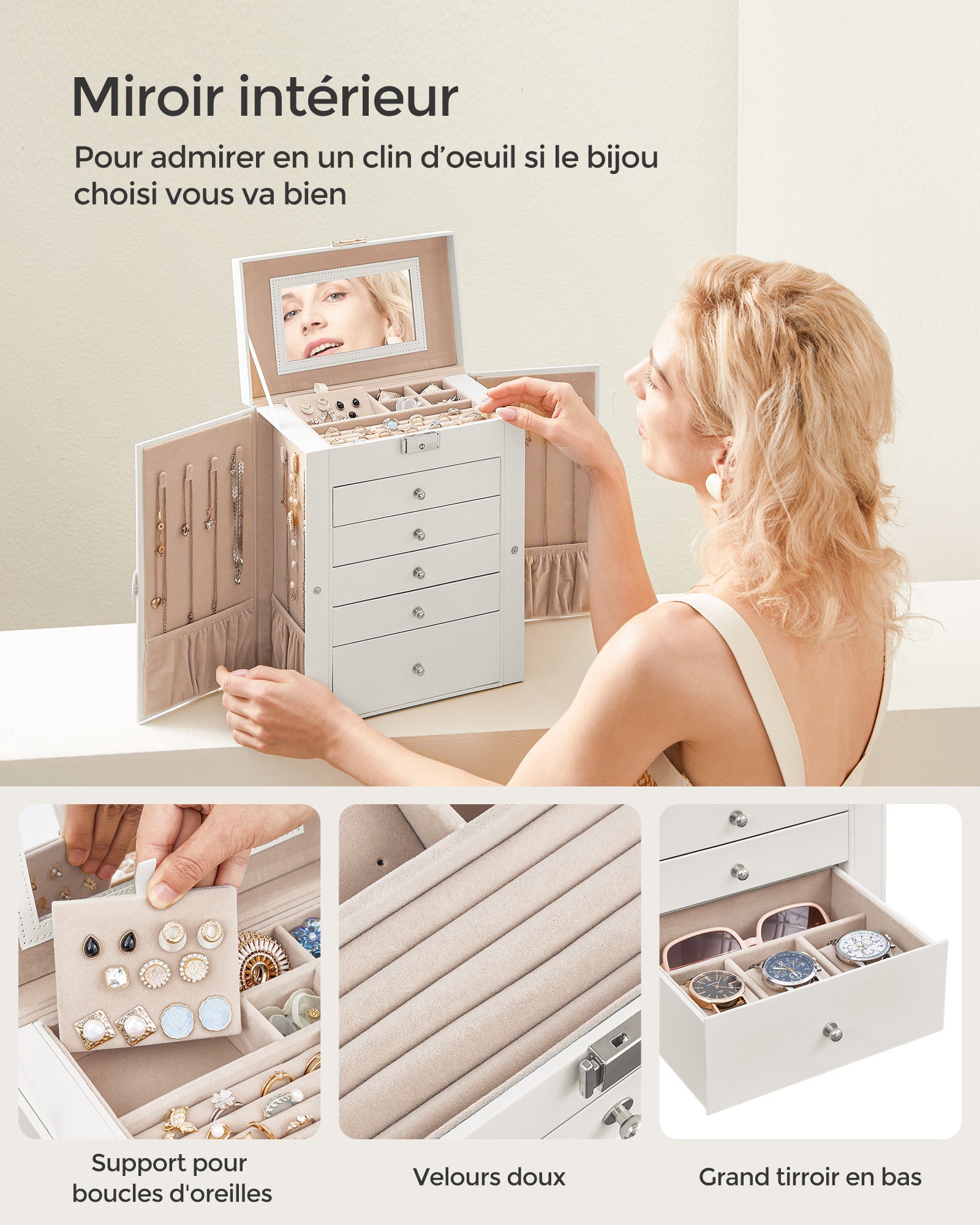 Boîte à Bijoux, Grand, 6 Niveaux avec Ailes, tiroirs, Miroir et Fermoir, Blanc - 4