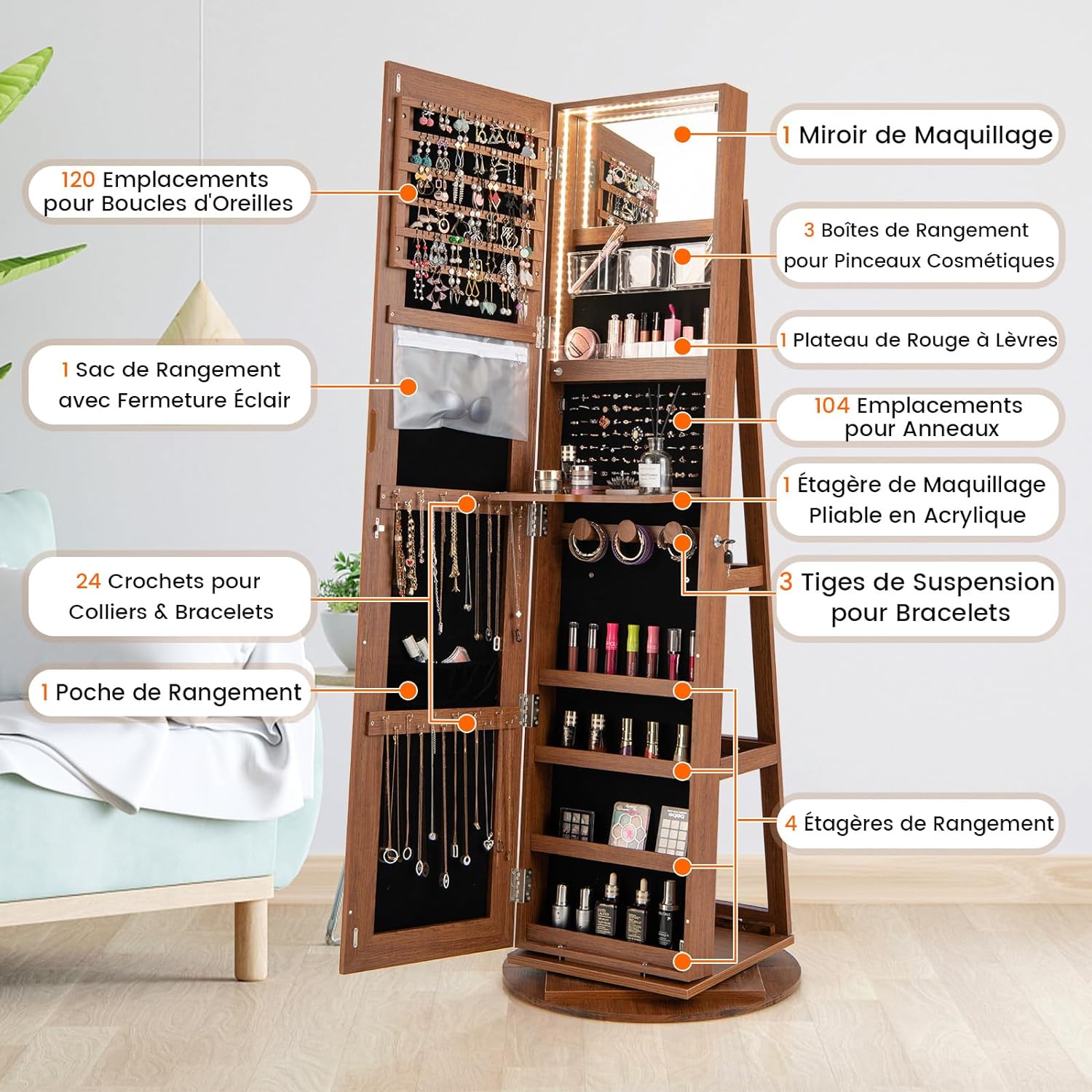 Armoire à Bijoux Pivotante à 360°, Rangement Bijoux Design 3 en 1 , Organisateur de Bijoux, Brun - 2