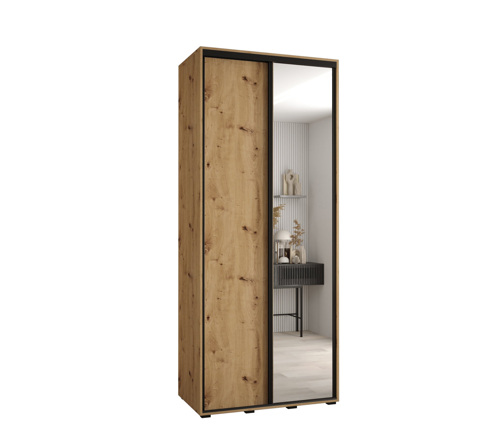 Szafa przesuwna z lustrem wysoka Davos 3 120 x 45 x 235,2 cm artisan + czarny + u. czarny - Abiks Meble
