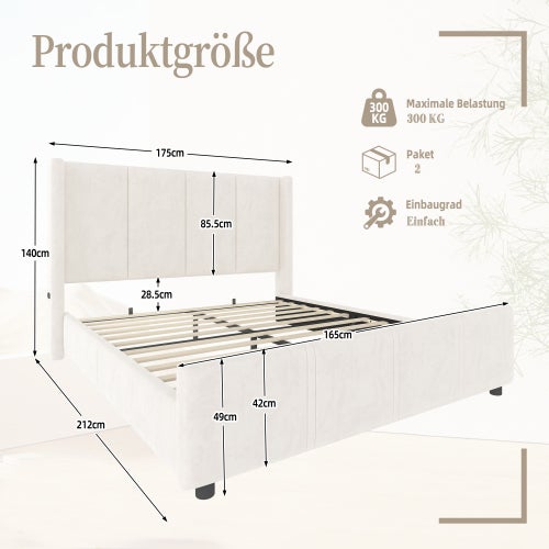 Lit 160x200 avec USB ,Cadre de Lit Rembourré moderne avec tête et pied de lit hauts, Velours Beige(Sans Matelas) - 9