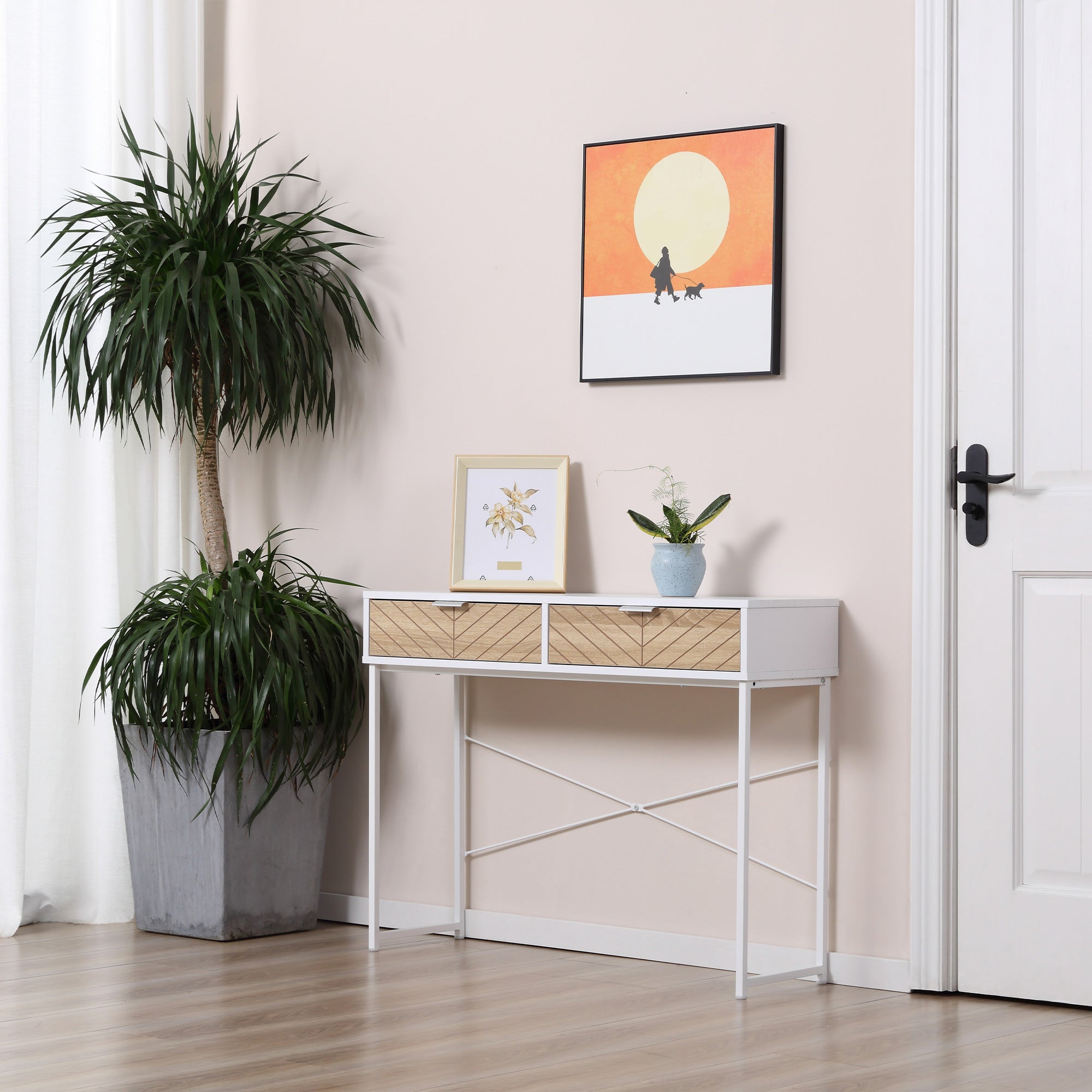 HOMCOM Consolle da Ingresso Moderna con 2 Cassetti in Metallo e Struttura Incrociata, 100x30x75 cm, Bianco - 2