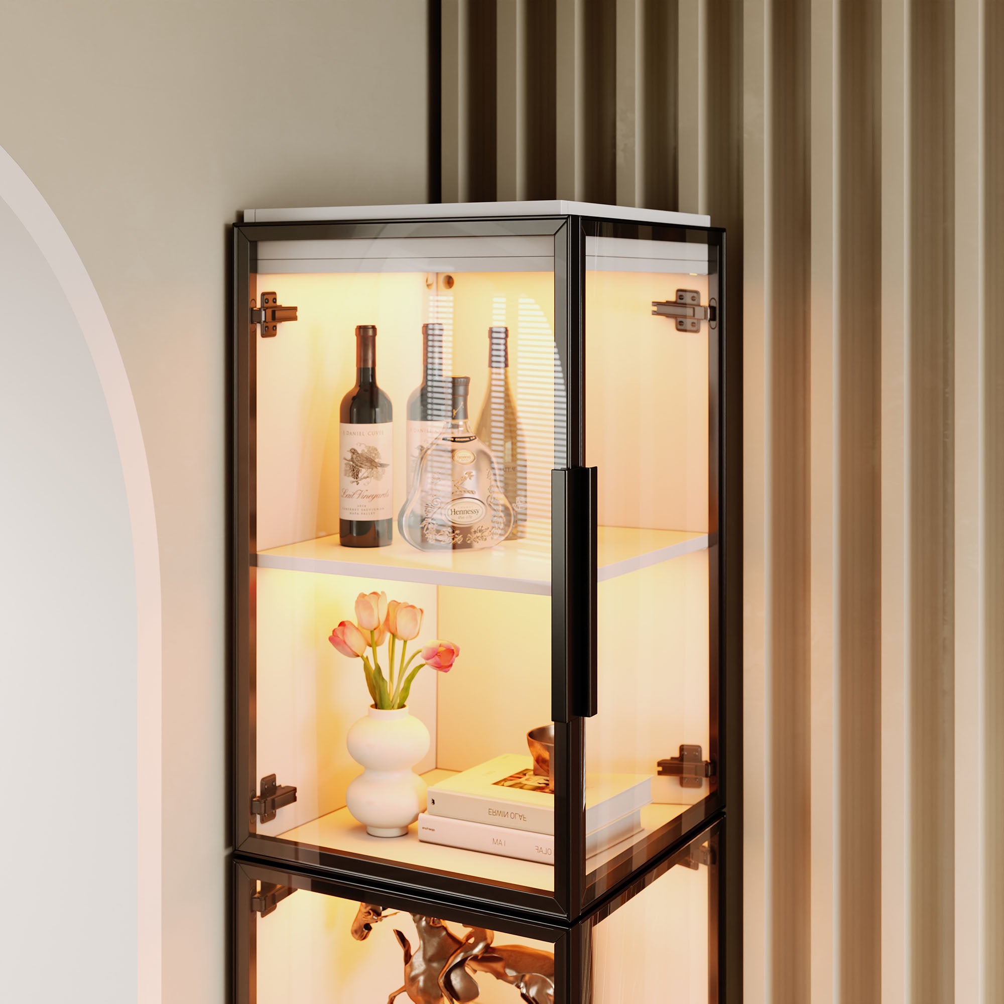 Vitrine en verre Étroit avec lumières LED,Vitrine autoportante en acrylique,Équipé de portes doubles,Vitrine d'angle transparente à visibilité à 360° - 7