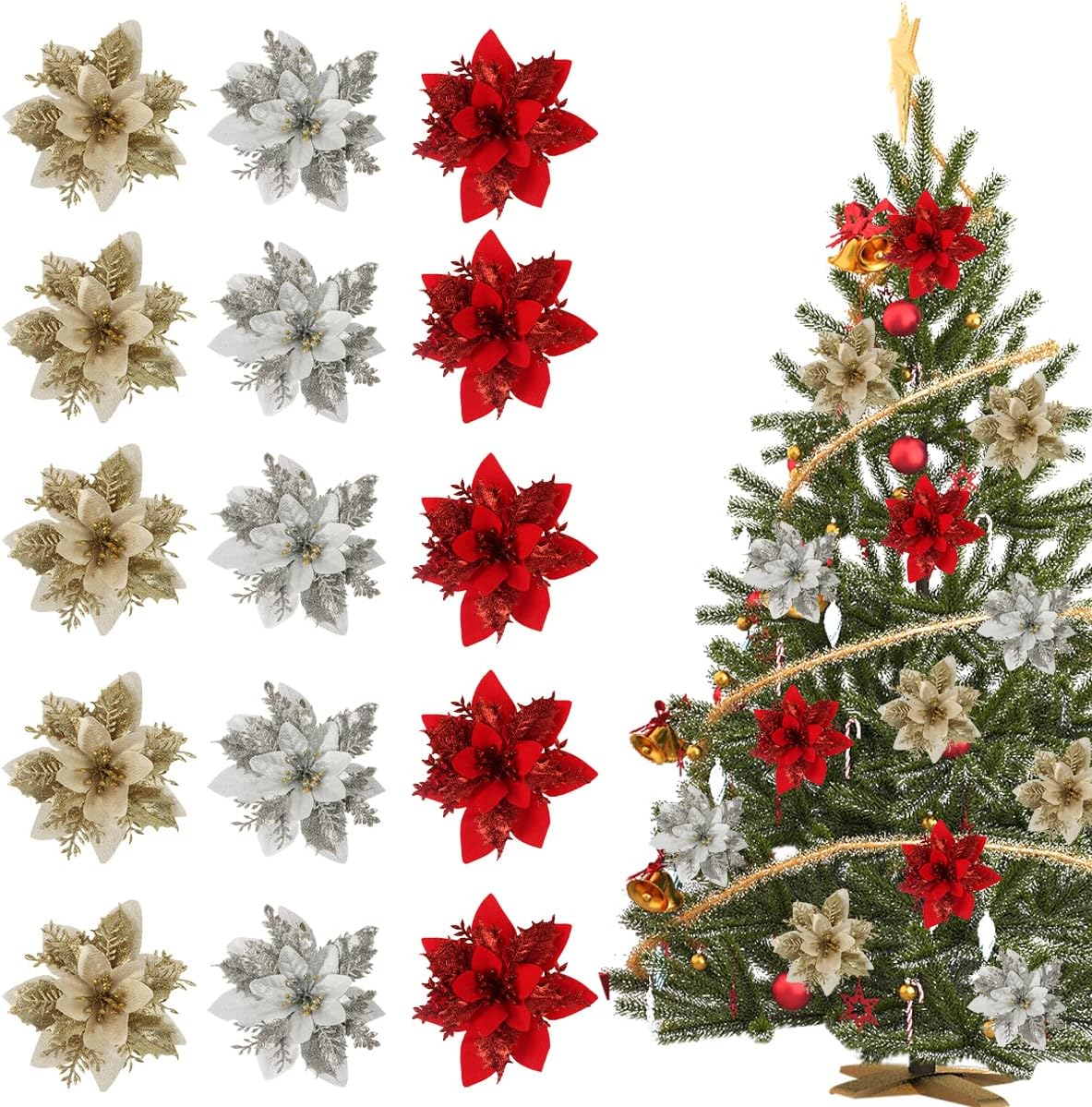 Brokatowe kwiaty poinsecji, 15 sztuk, 14*14 cm, czerwone złoto, srebro, dekoracja świąteczna, kwiat poinsecji, symulacja choinki