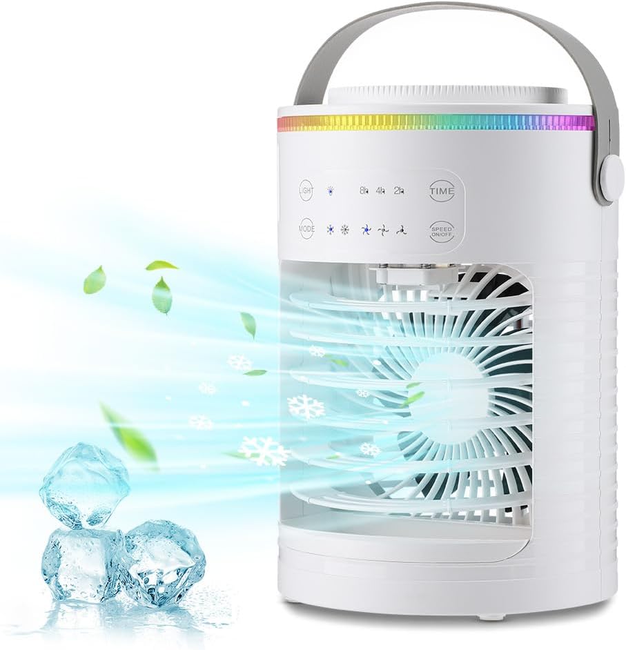 Przenośna klimatyzacja, mini klimatyzator, wentylator akumulatorowy, osobisty klimatyzator powietrza z generatorem mgły, timerem i światłem