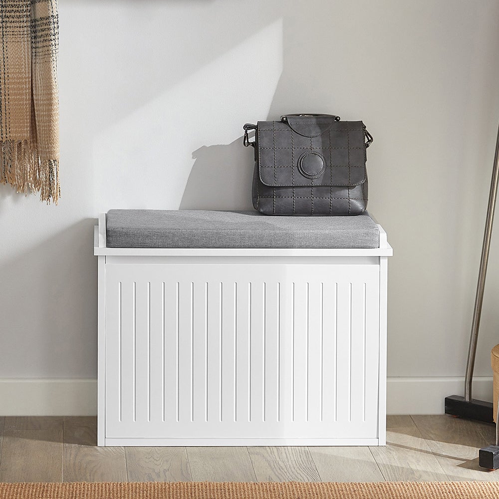 SoBuy Banc chaussures d’entrée avec assise coussin rembourré, meuble de rangement à abattant blanc gain de place, capacité 150 kg, 62x 26x45cm - 2