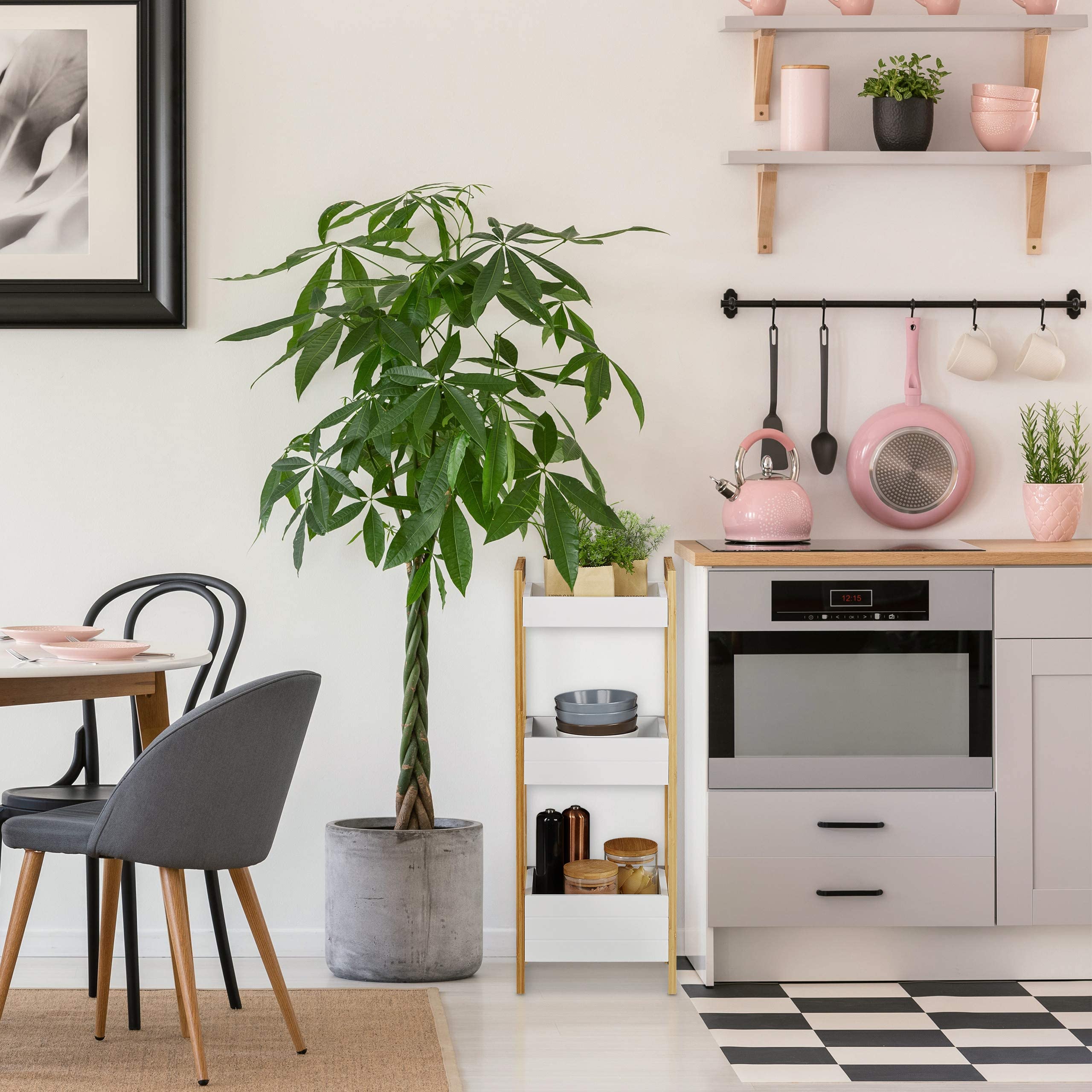 Etagère de bain avec 3 paniers, bambous et MDF, HxlxP 74,5 x 28 x 20 cm; debout, en cuisine, nature/blanc, Relaxdays - 9