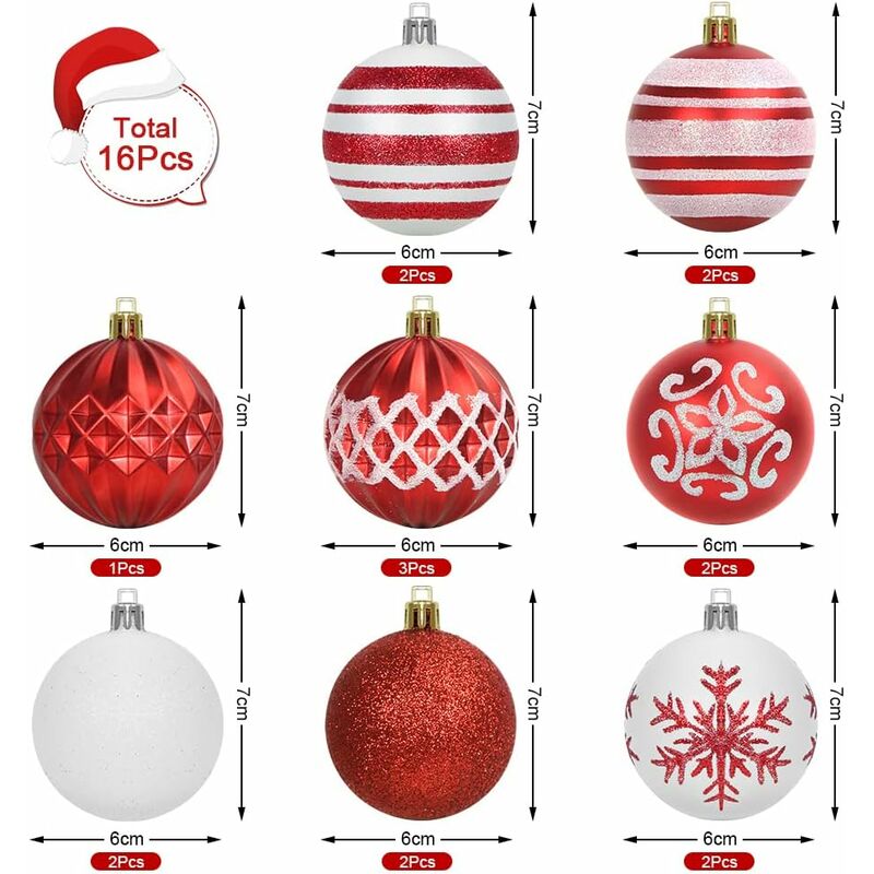 16 Boules De Noël 6cm Rouge Et Blanc - Ornements Sapin Plastique Avec Lanière Pour Décoration