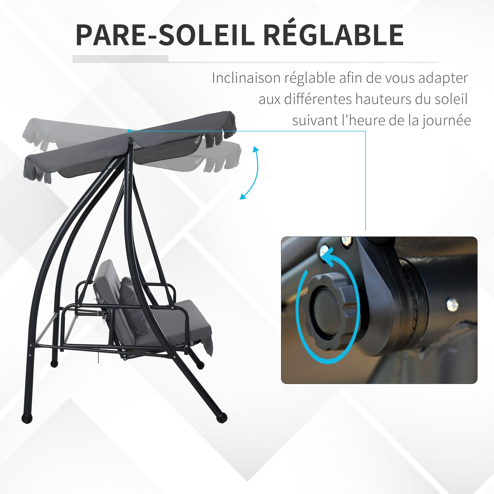 Balancelle de Jardin Convertible 3 Places Grand Confort Inclinaison Toit réglable Matelas fourni 2L x 1,25l x 1,7H m métal Polyester Noir Anthracite - 6