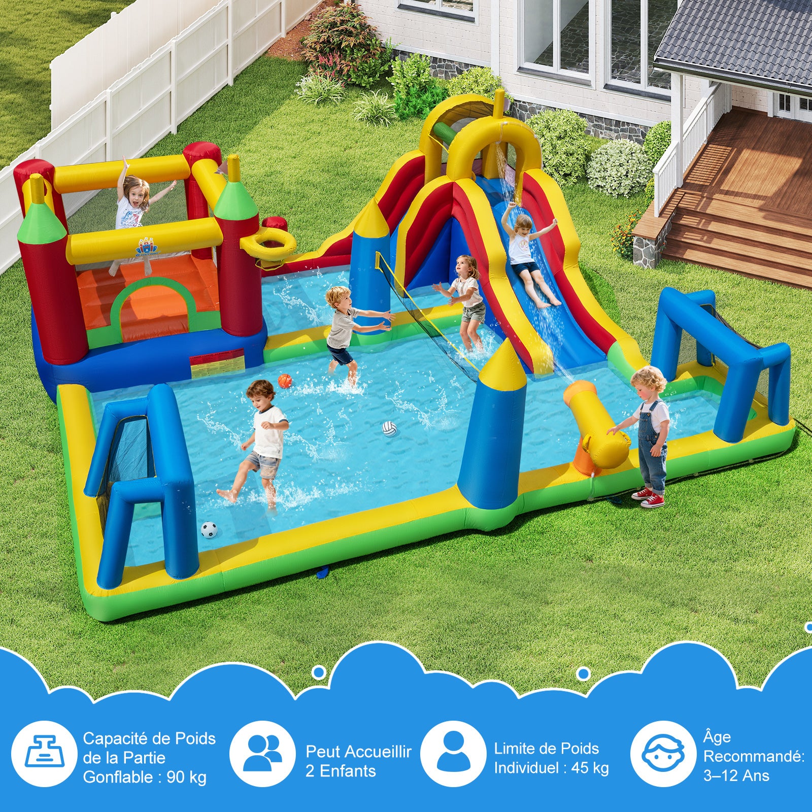 Structure Gonflable Toboggan Aquatique, avec Mur d'Escalade, Piscine avec Éclaboussures, Panier de Basket, Buts de Football, sans Souffleur - 2