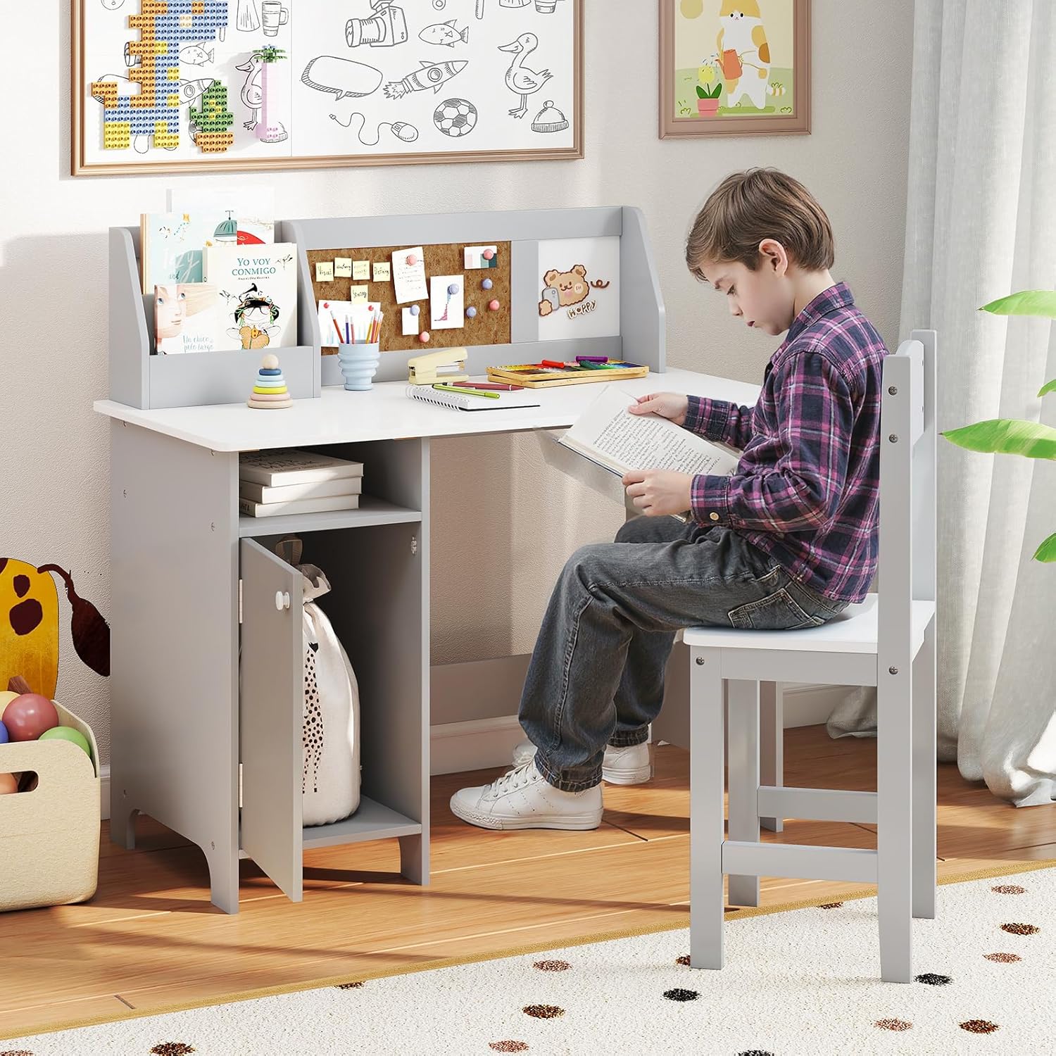 Bureau Enfant avec Chaise, Table d'Étude avec Tableau Blanc et Marqueur, Bureau Enfant 3+ Ans avec Rangement pour Maison, École, Charge 90 (Gris) - 2