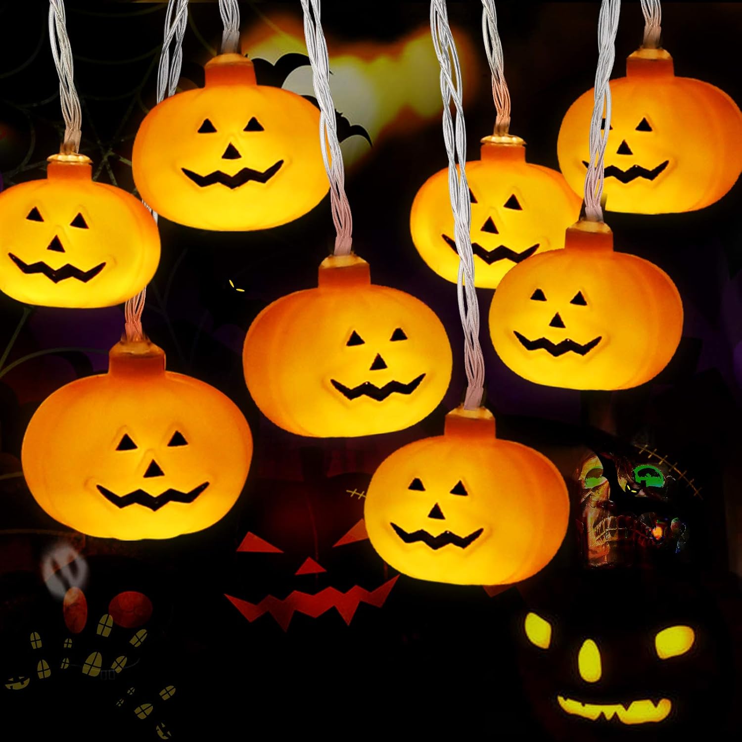 Halloween Guirlande Lumineuse, 3 Packs 3M 20 LED Guirlande Lumineuse à Piles Guirlande Halloween Avec Fantôme Blanc/Citrouille Orange/Chauve-souris Violette Pour Deco Halloween Interieur Exterieur