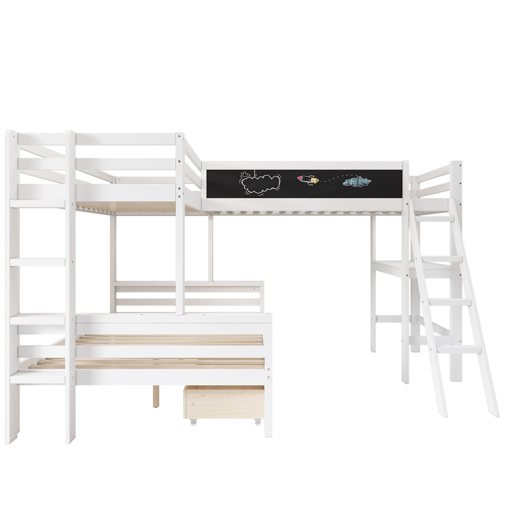 Lit superposé 2x90x200cm + 140x200cm en bois - avec un bureau et 2 tiroirs - Blanc - 6
